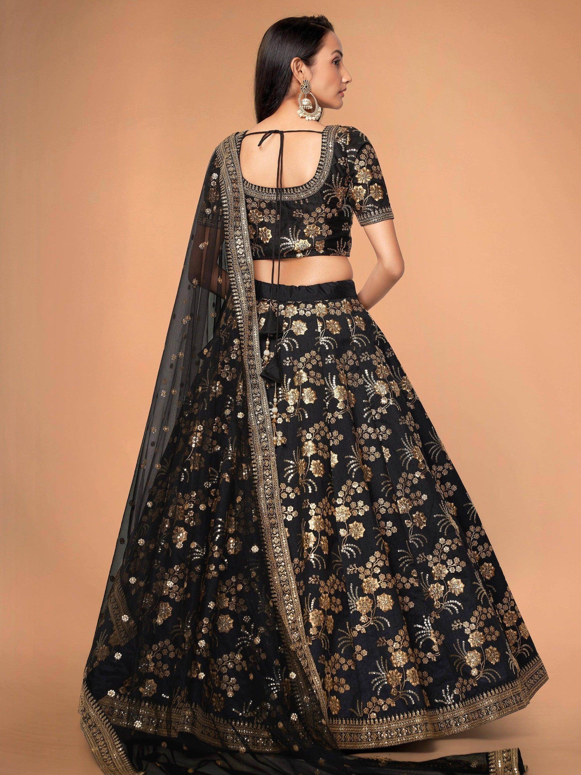Hypnotic Black Colored Wedding Wear Embroidered Satin Lehenga Choli - Zeel Clothing