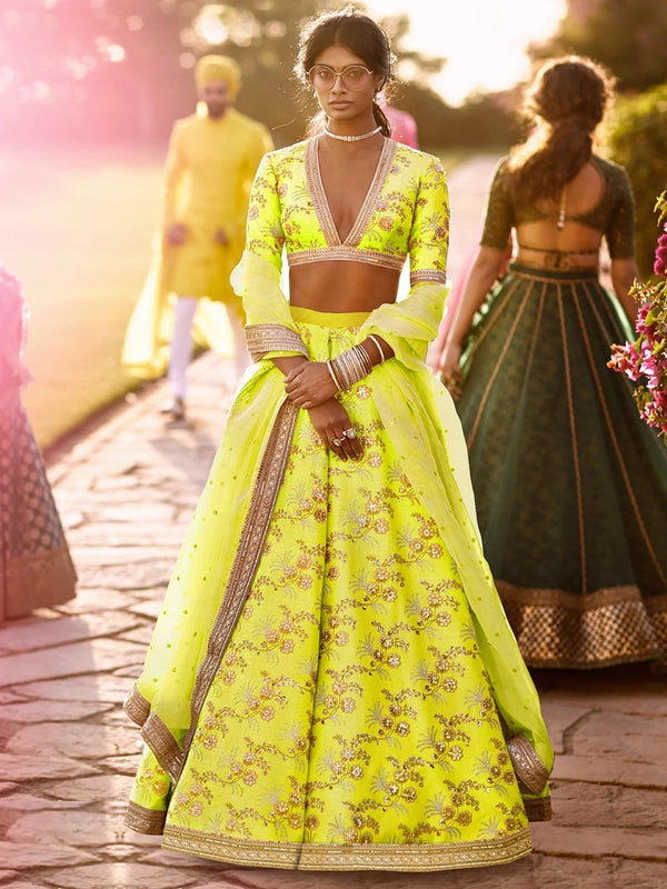 Hypnotic Neon Colored Wedding Wear Embroidered Satin Lehenga Choli