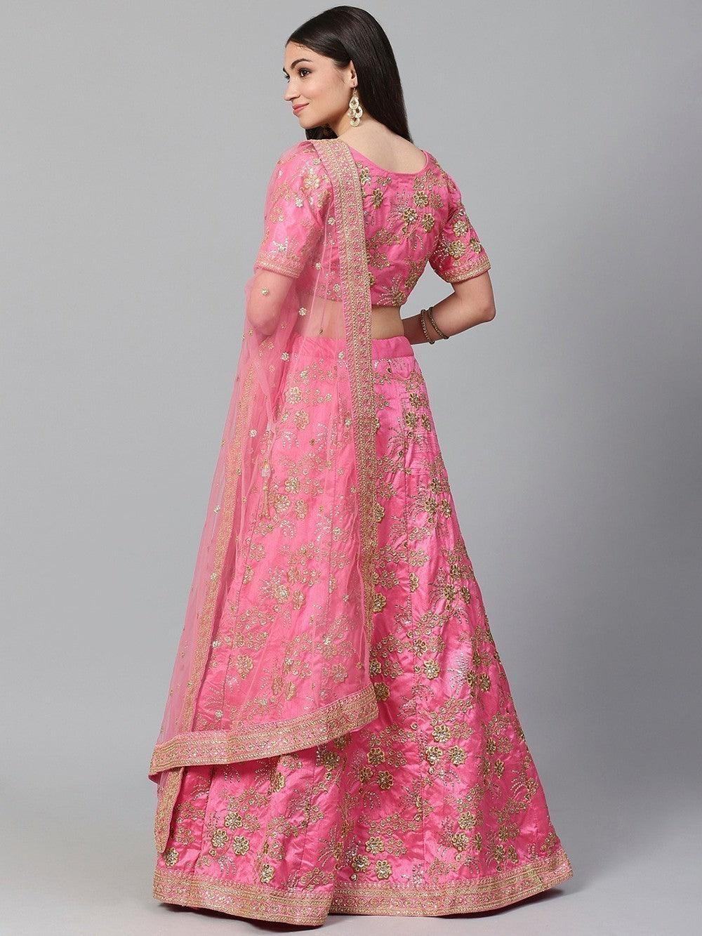 Hypnotic Pink Colored Wedding Wear Embroidered Satin Lehenga Choli