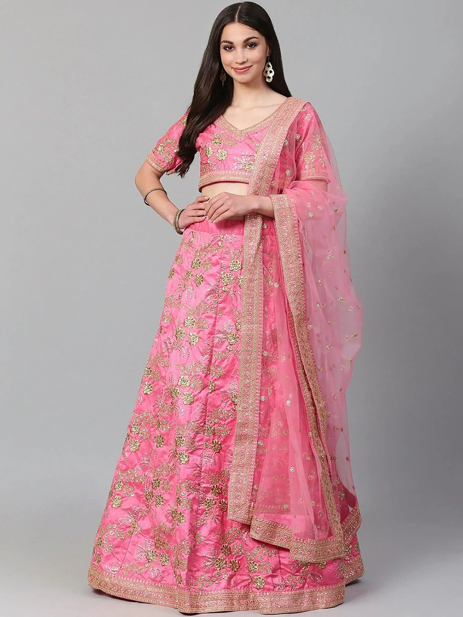 Hypnotic Pink Colored Wedding Wear Embroidered Satin Lehenga Choli - Zeel Clothing