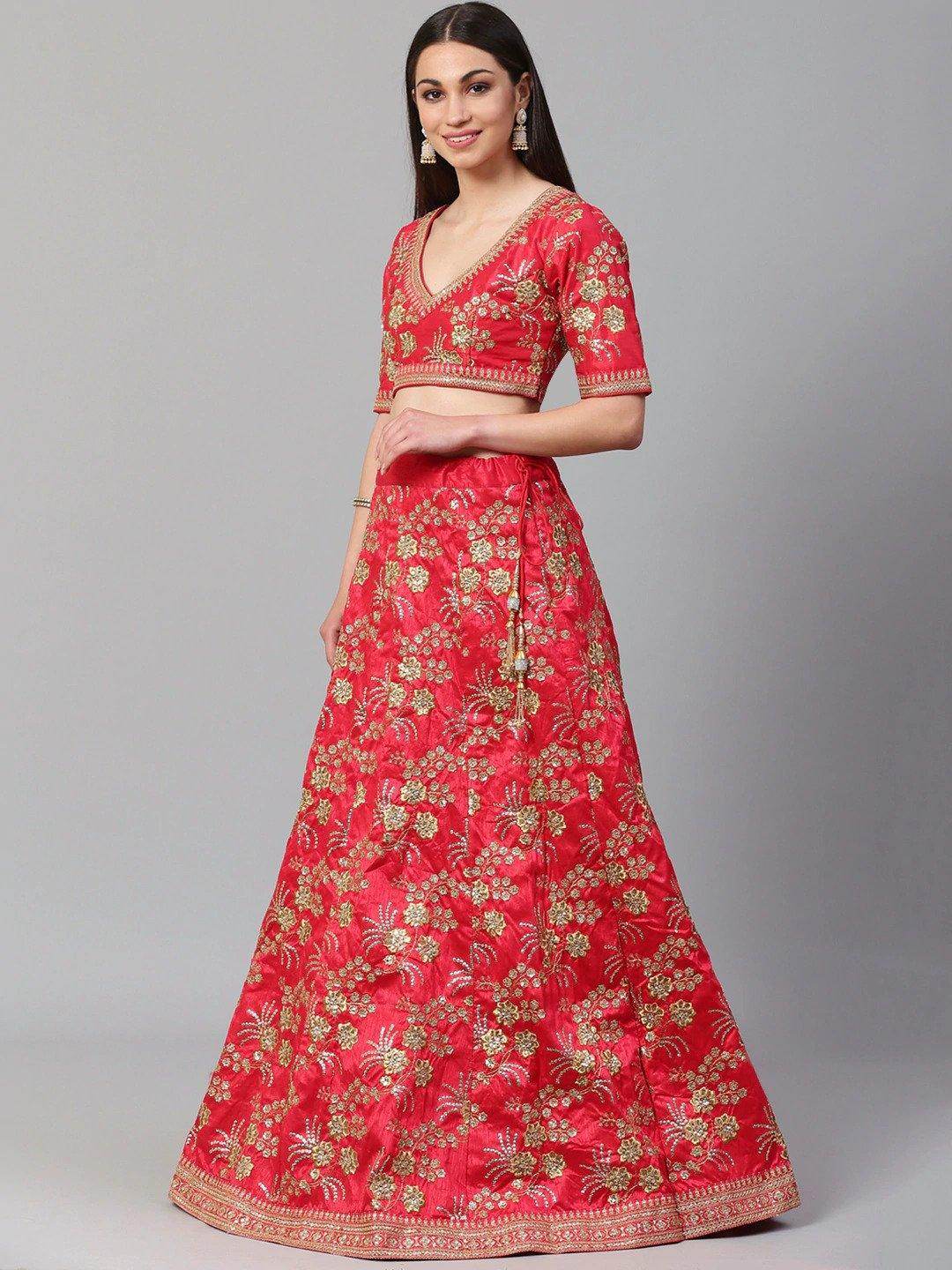 Hypnotic Red Colored Wedding Wear Embroidered Satin Lehenga Choli - Zeel Clothing