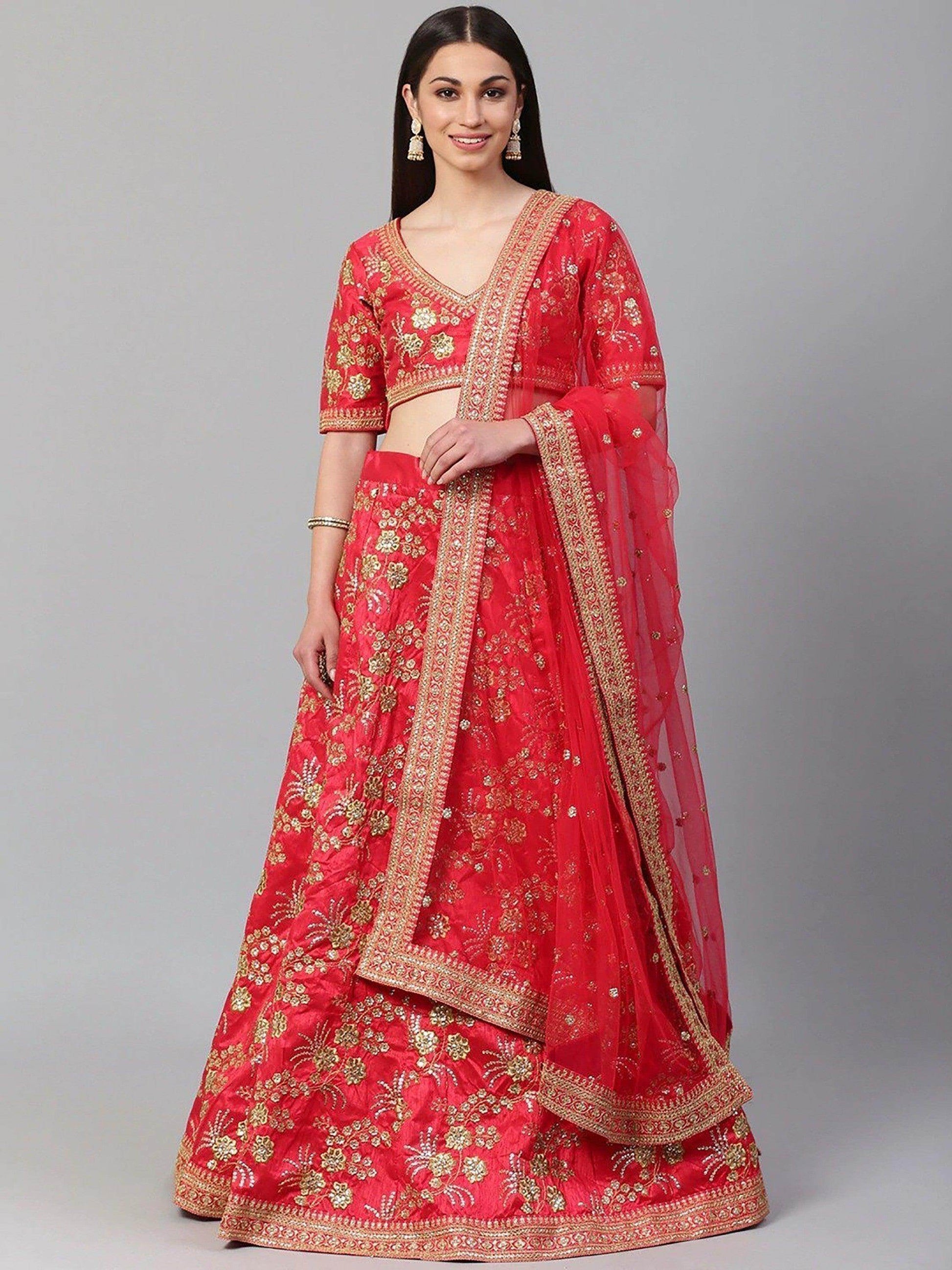 Hypnotic Red Colored Wedding Wear Embroidered Satin Lehenga Choli - Zeel Clothing