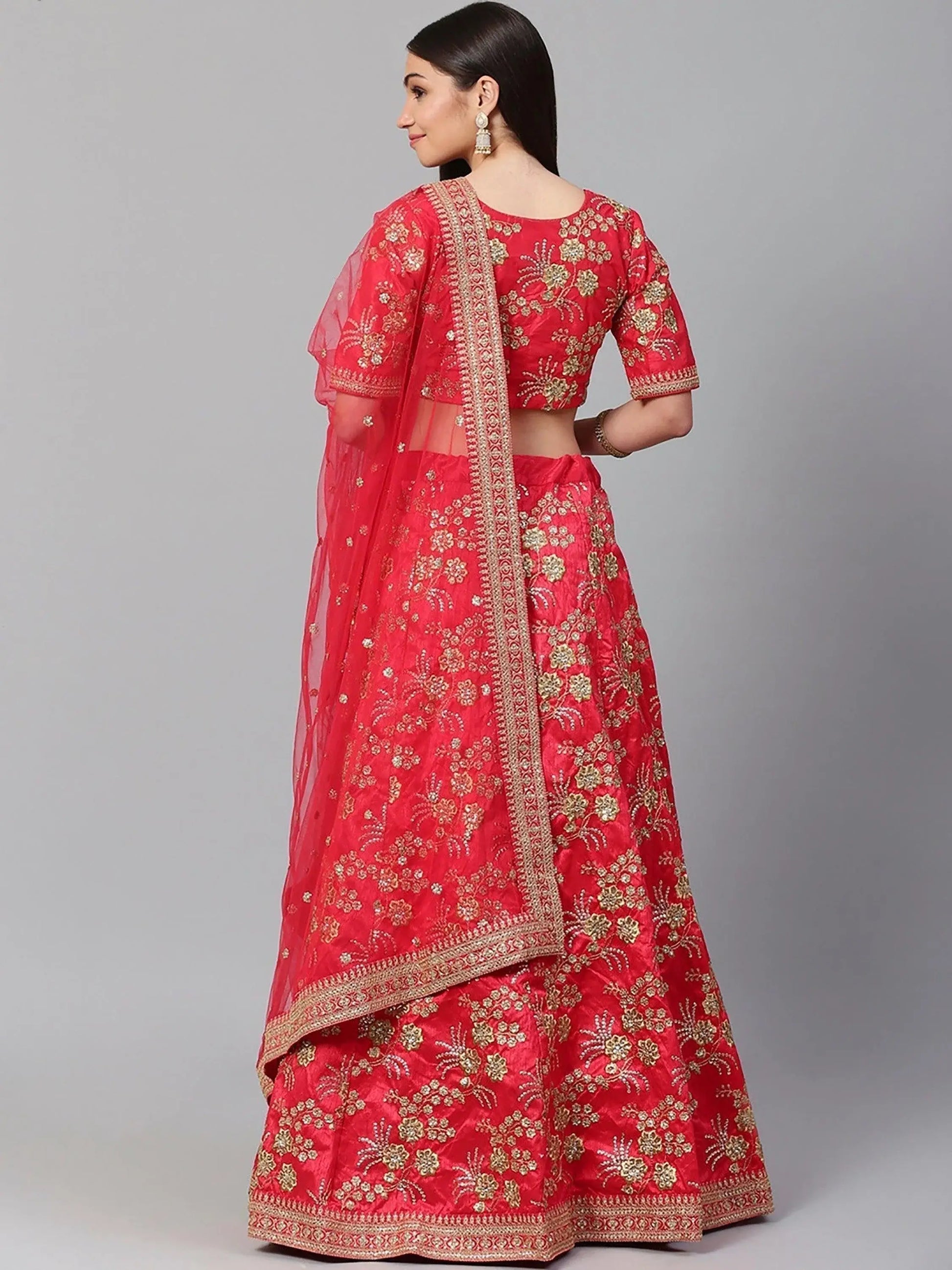 Hypnotic Red Colored Wedding Wear Embroidered Satin Lehenga Choli - Zeel Clothing