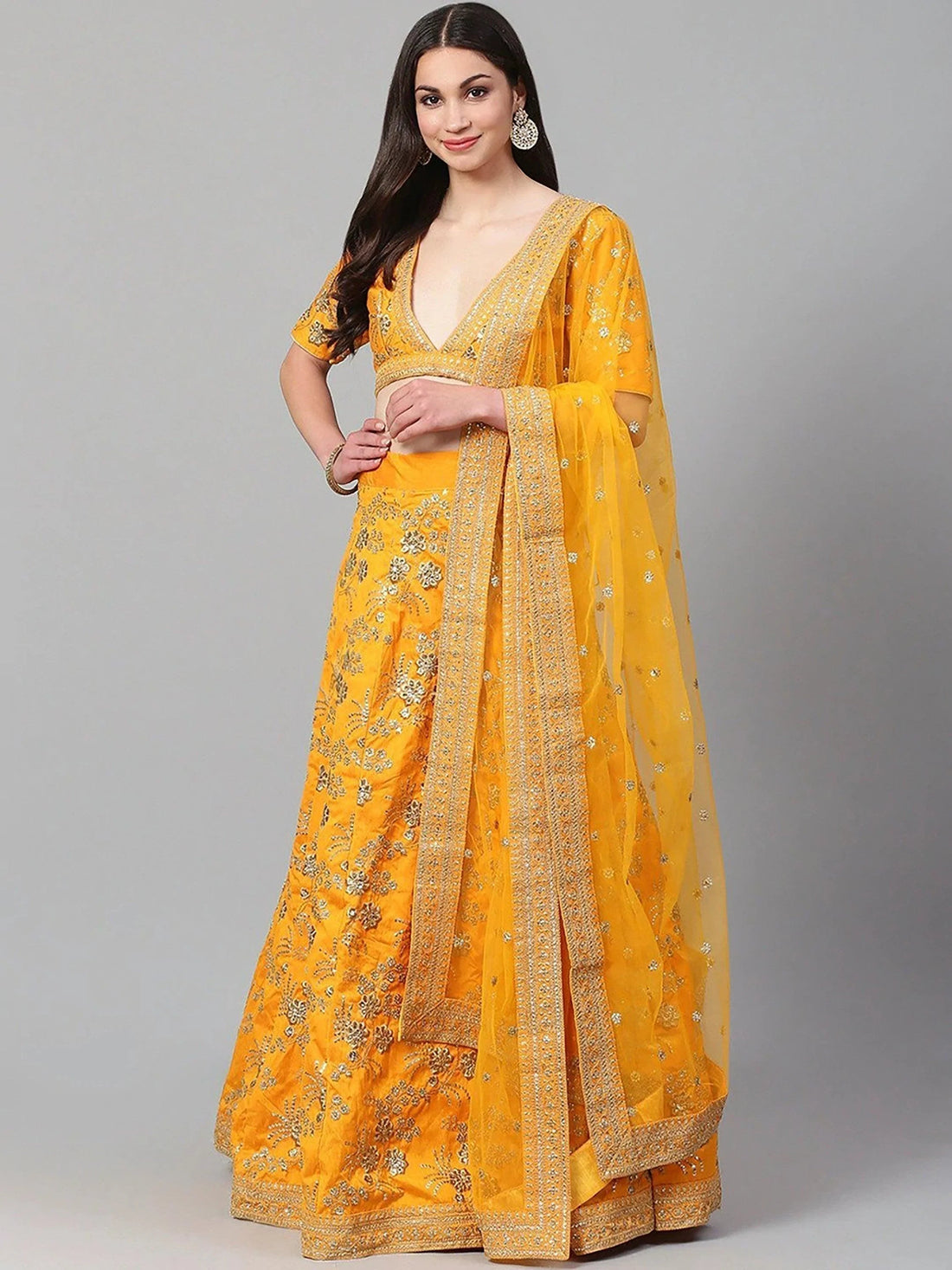 Hypnotic Yellow Colored Wedding Wear Embroidered Satin Lehenga Choli