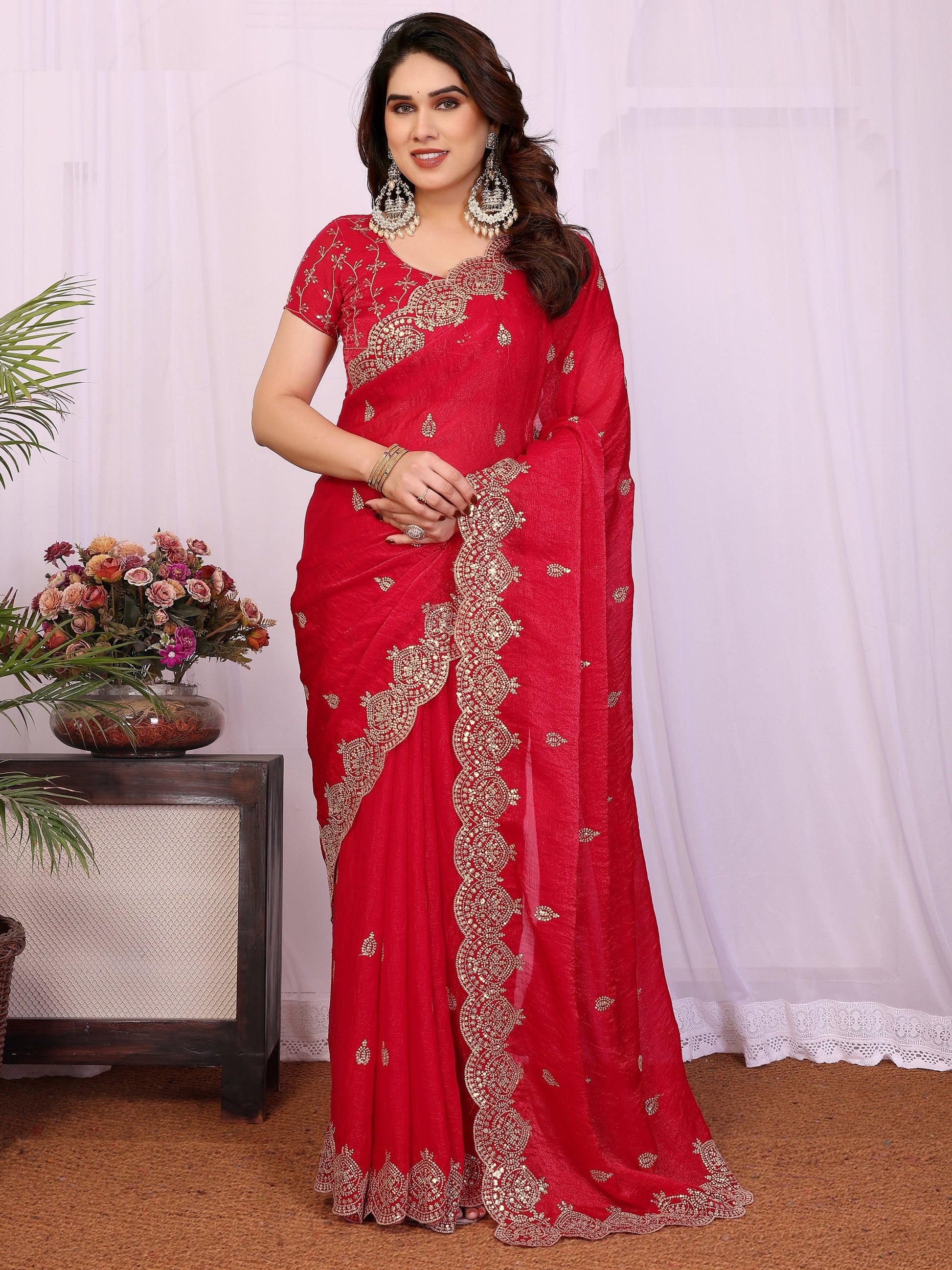 Beautiful Red Sequins Chiffon Wedding Wear Saree With Blouse