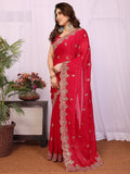 Beautiful Red Sequins Chiffon Wedding Wear Saree With Blouse