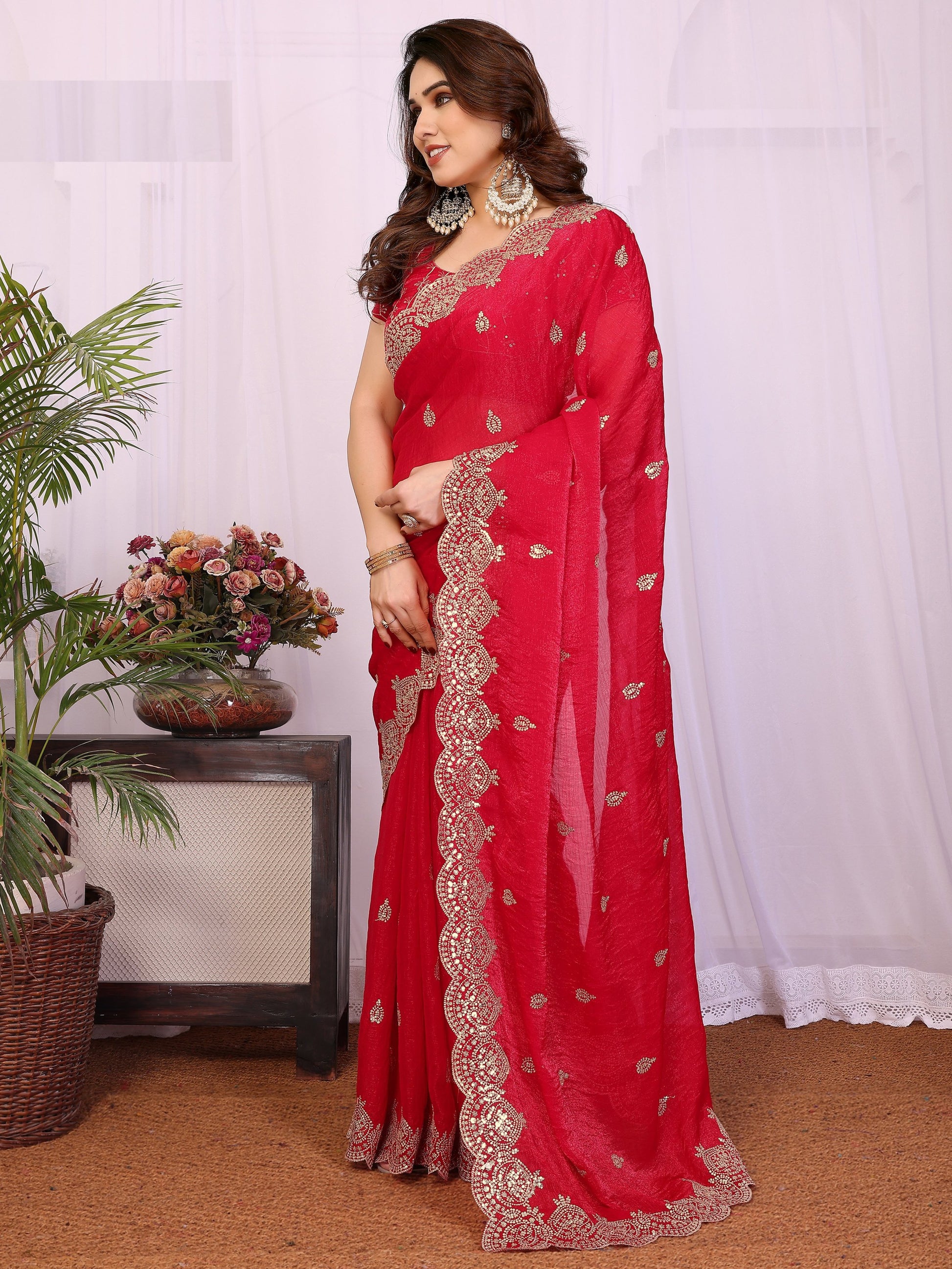 Beautiful Red Sequins Chiffon Wedding Wear Saree With Blouse