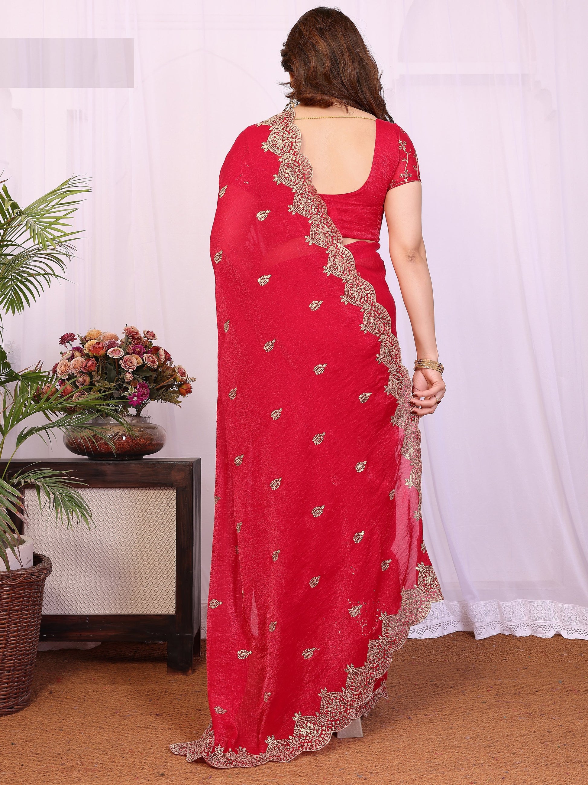Beautiful Red Sequins Chiffon Wedding Wear Saree With Blouse