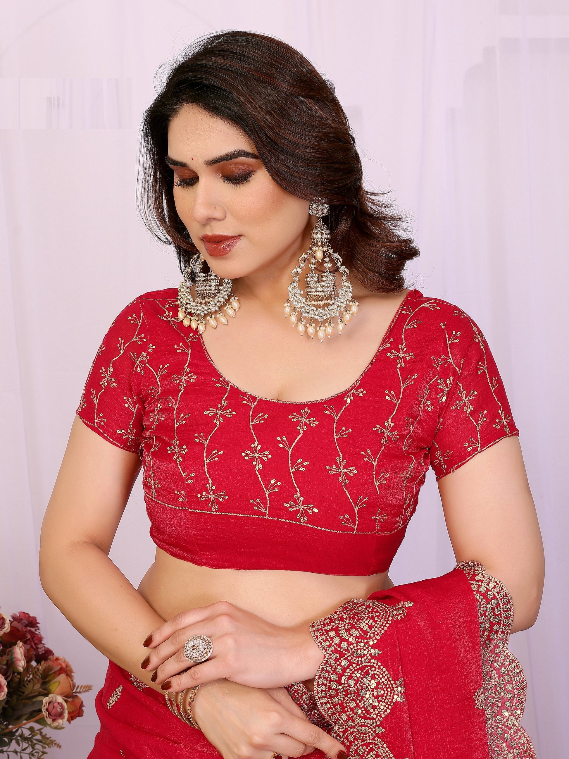 Beautiful Red Sequins Chiffon Wedding Wear Saree With Blouse