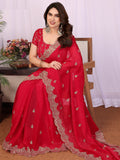 Beautiful Red Sequins Chiffon Wedding Wear Saree With Blouse