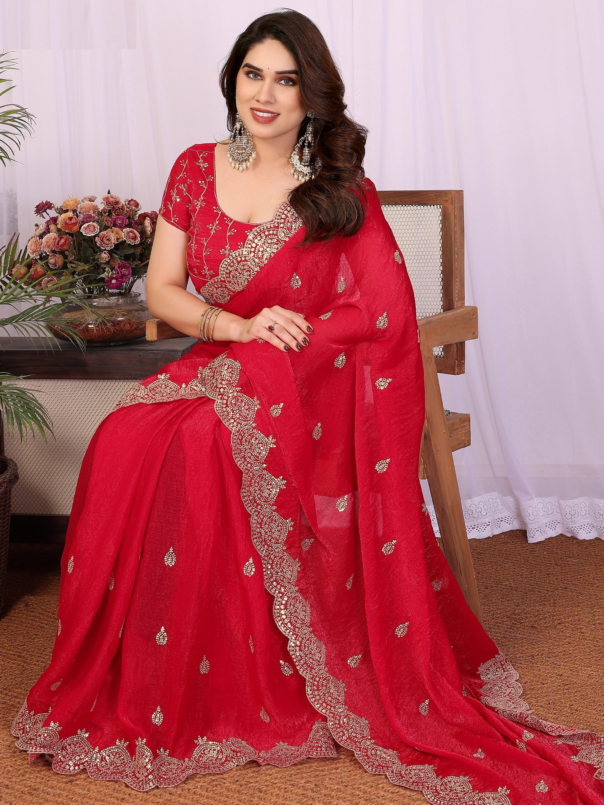 Beautiful Red Sequins Chiffon Wedding Wear Saree With Blouse
