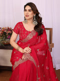 Beautiful Red Sequins Chiffon Wedding Wear Saree With Blouse