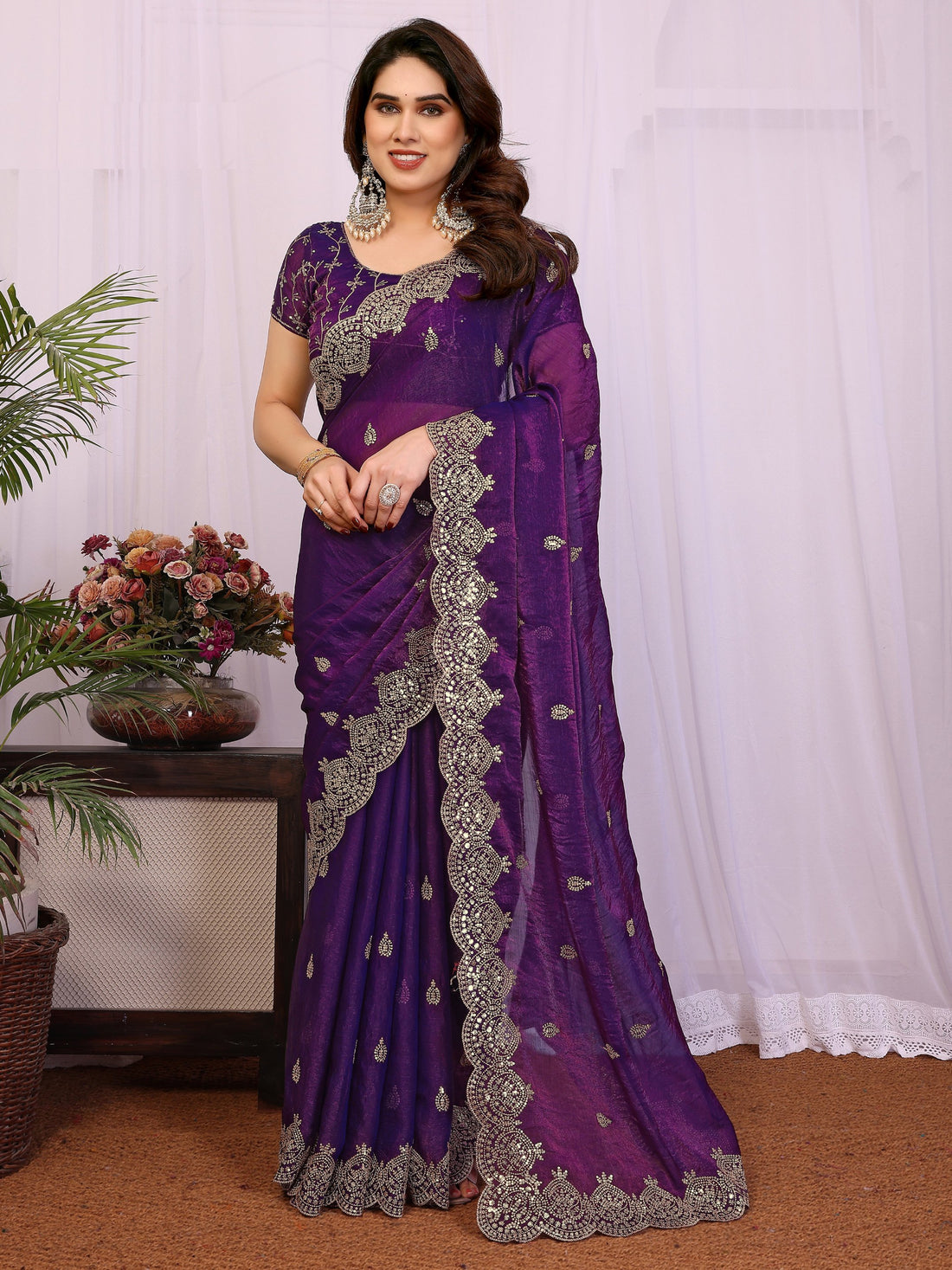 Elegant Purple Sequins Chiffon Traditional Saree With Blouse