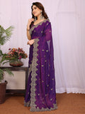Elegant Purple Sequins Chiffon Traditional Saree With Blouse