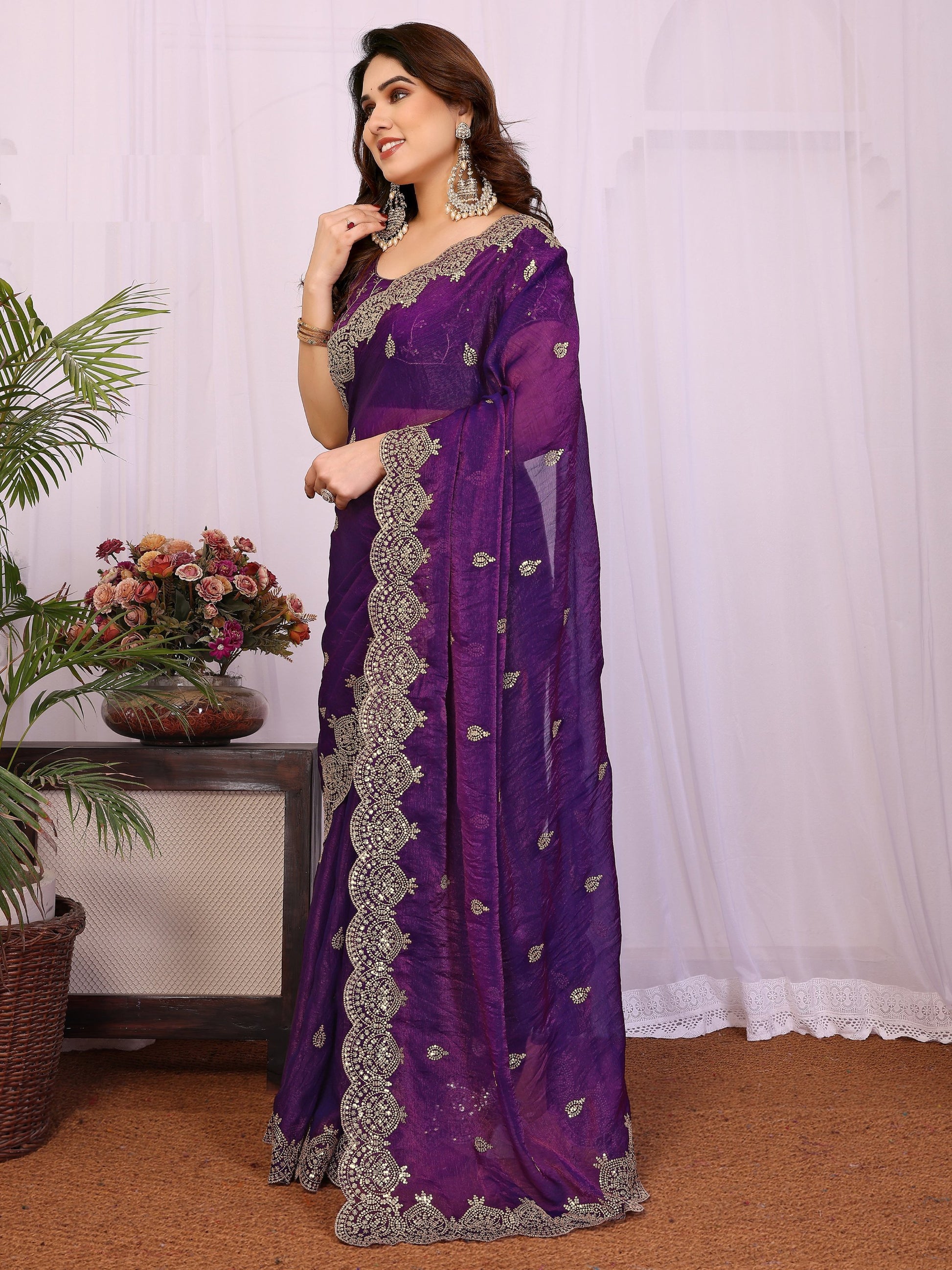 Elegant Purple Sequins Chiffon Traditional Saree With Blouse
