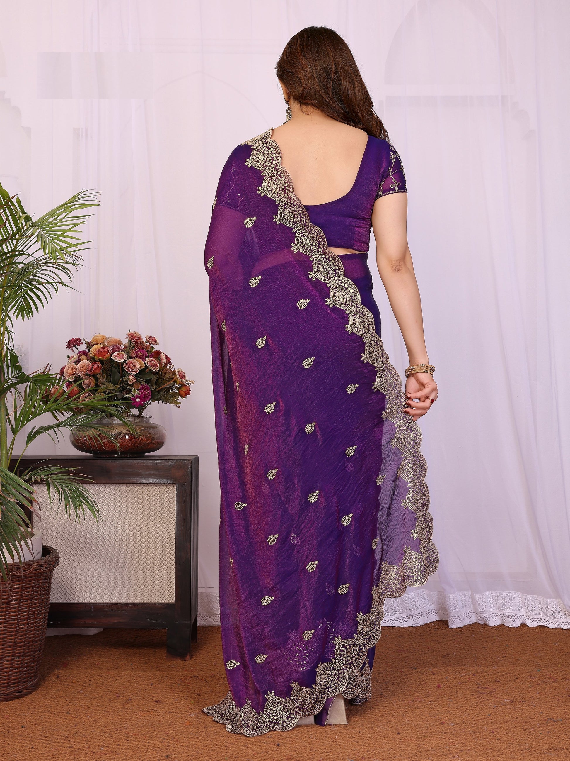 Elegant Purple Sequins Chiffon Traditional Saree With Blouse