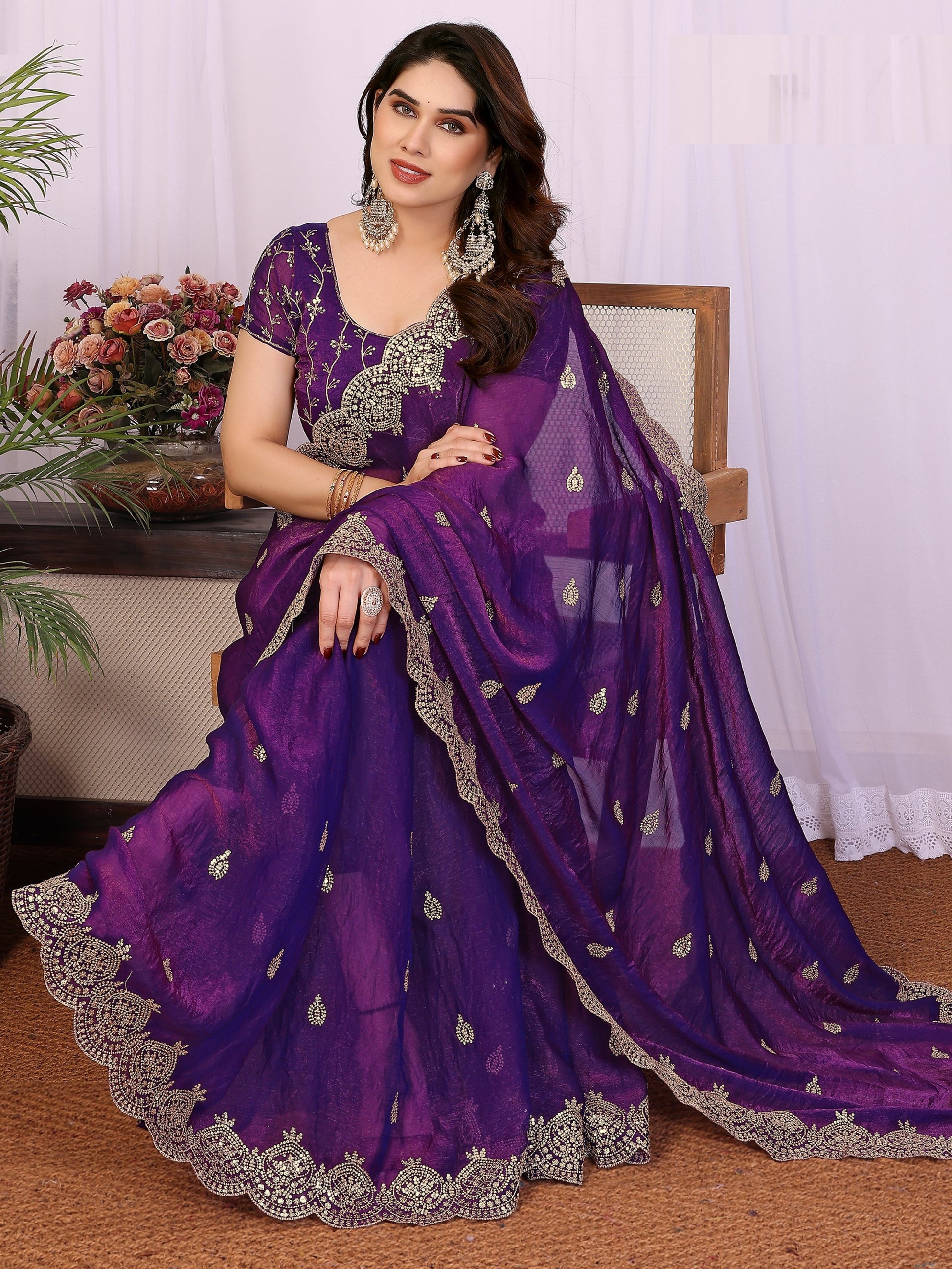 Elegant Purple Sequins Chiffon Traditional Saree With Blouse