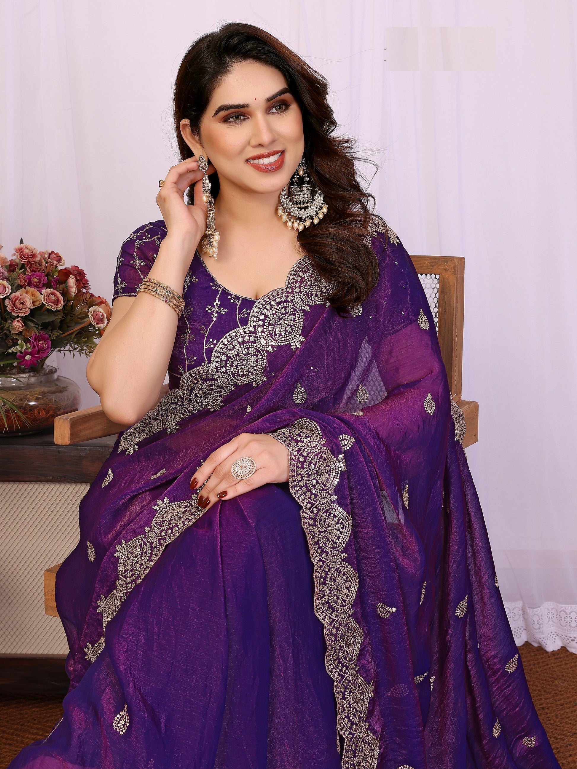Elegant Purple Sequins Chiffon Traditional Saree With Blouse