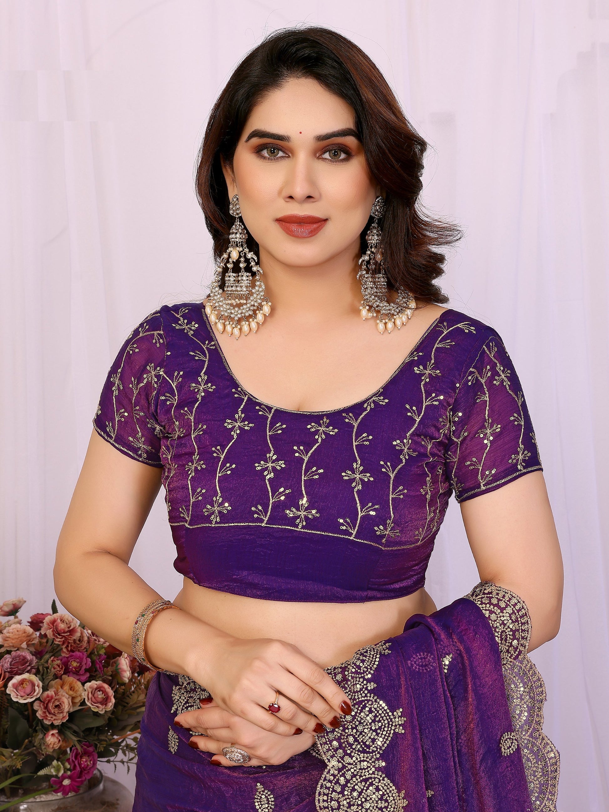 Elegant Purple Sequins Chiffon Traditional Saree With Blouse