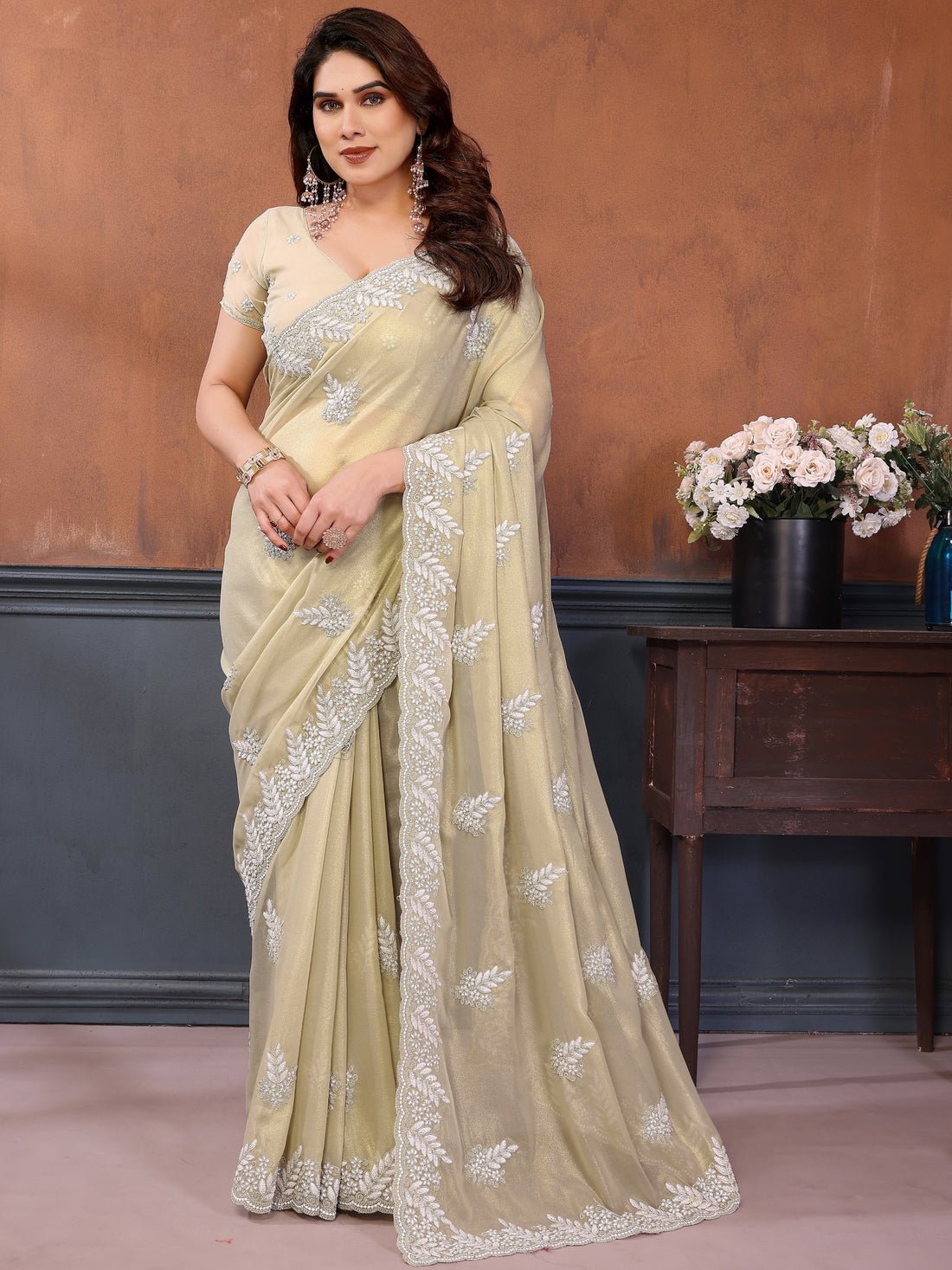 Excelled Ivory Embroidered Georgette Festive Wear Saree With Blouse