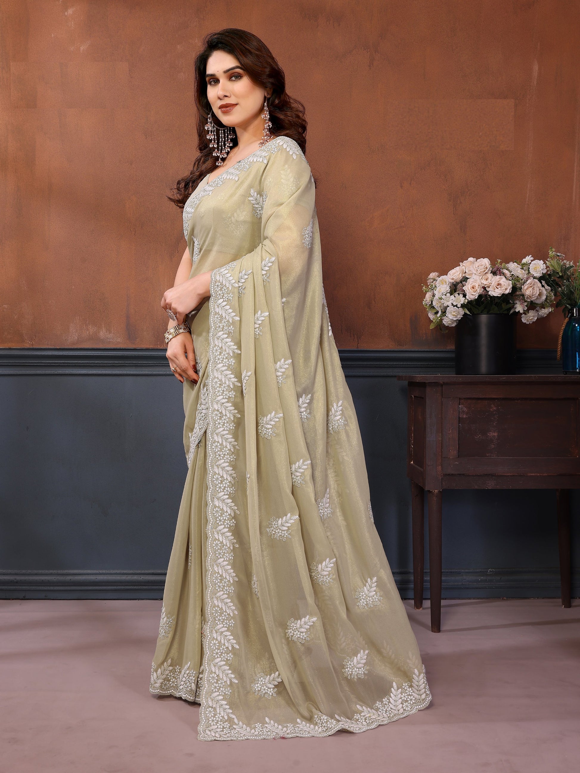 Excelled Ivory Embroidered Georgette Festive Wear Saree With Blouse
