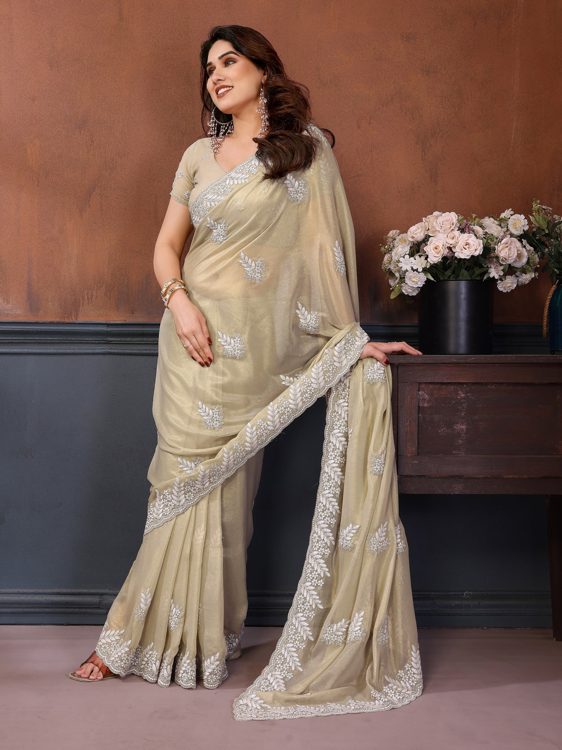 Excelled Ivory Embroidered Georgette Festive Wear Saree With Blouse