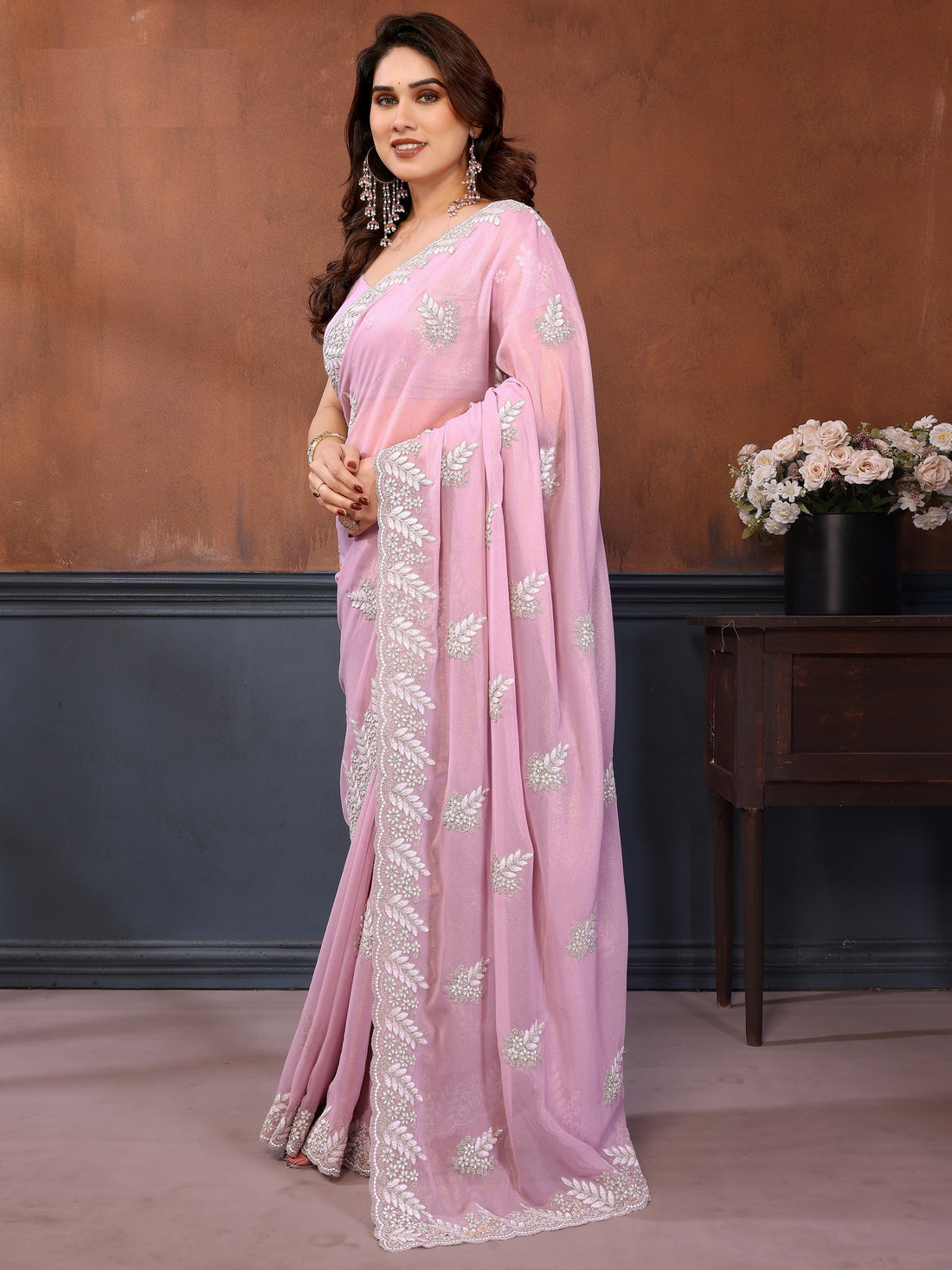 Precious Pink Thread Work Georgette Engagement Wear Saree With Blouse