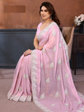 Precious Pink Thread Work Georgette Engagement Wear Saree With Blouse