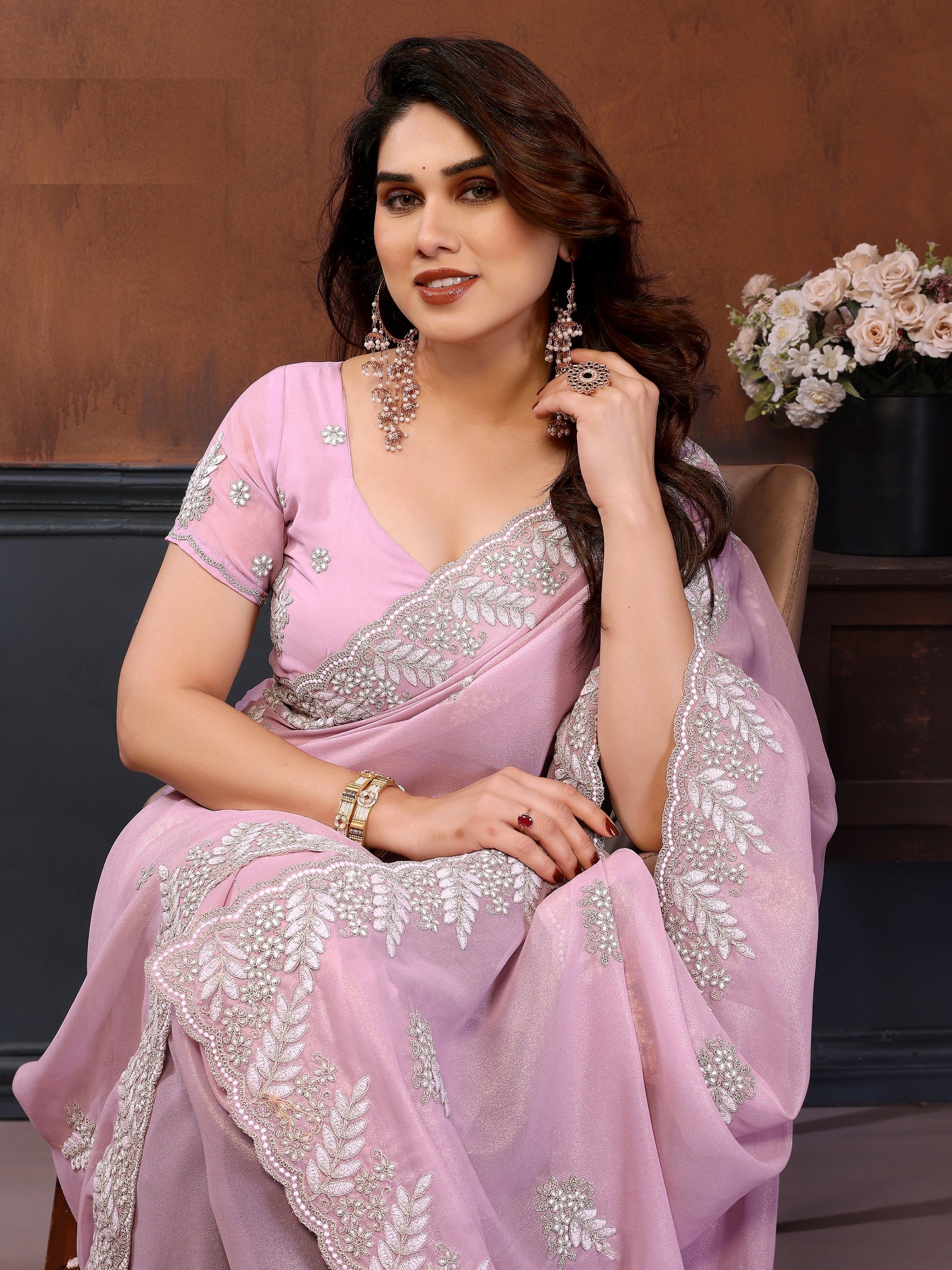 Precious Pink Thread Work Georgette Engagement Wear Saree With Blouse