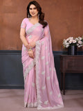 Precious Pink Thread Work Georgette Engagement Wear Saree With Blouse