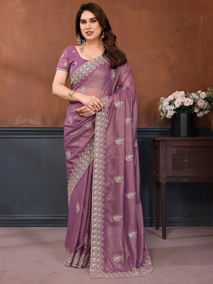 Classic Dusty Mauve Zari Embroidery Georgette Reception Wear Saree With Blouse