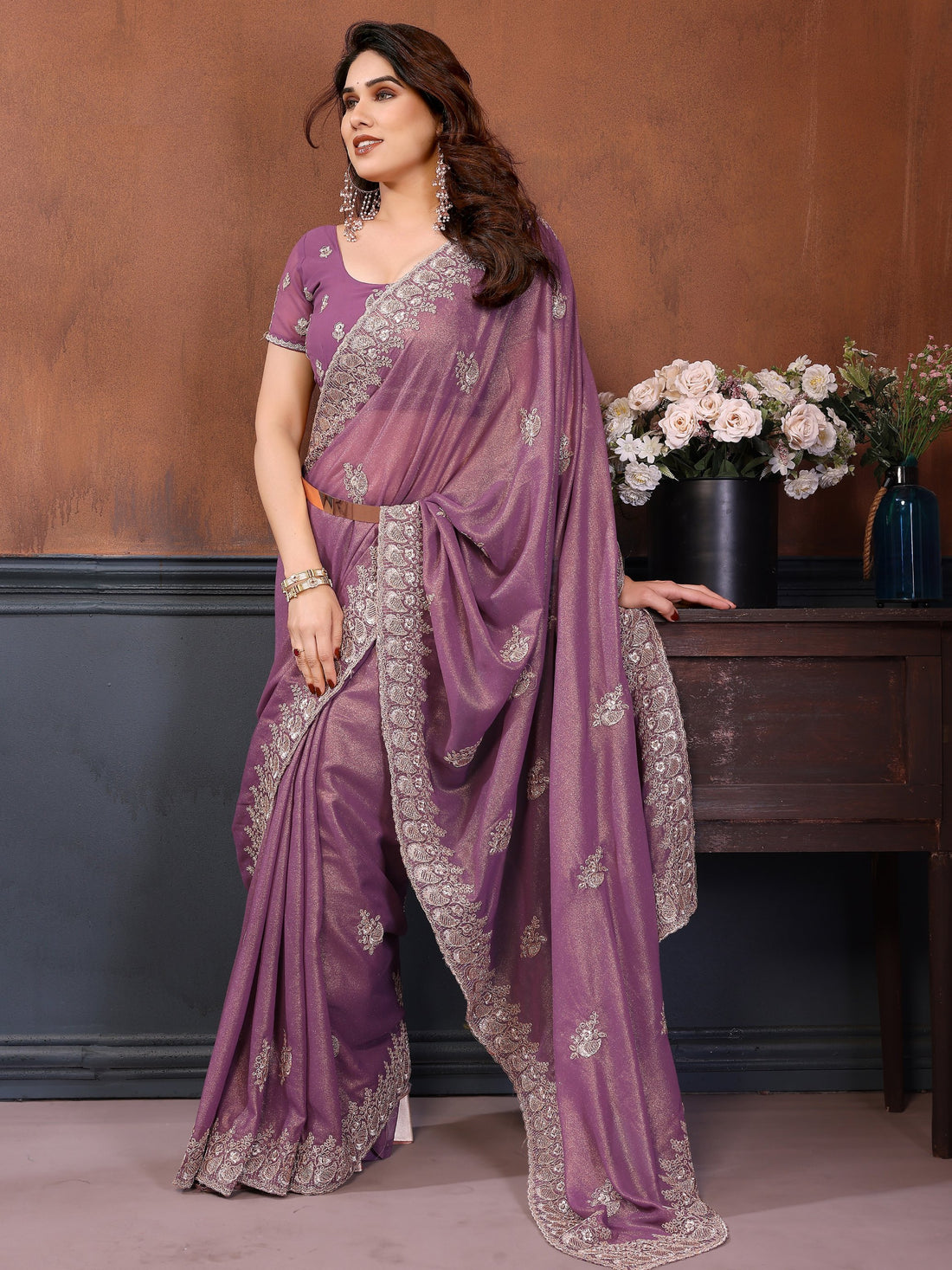 Classic Dusty Mauve Zari Embroidery Georgette Reception Wear Saree With Blouse