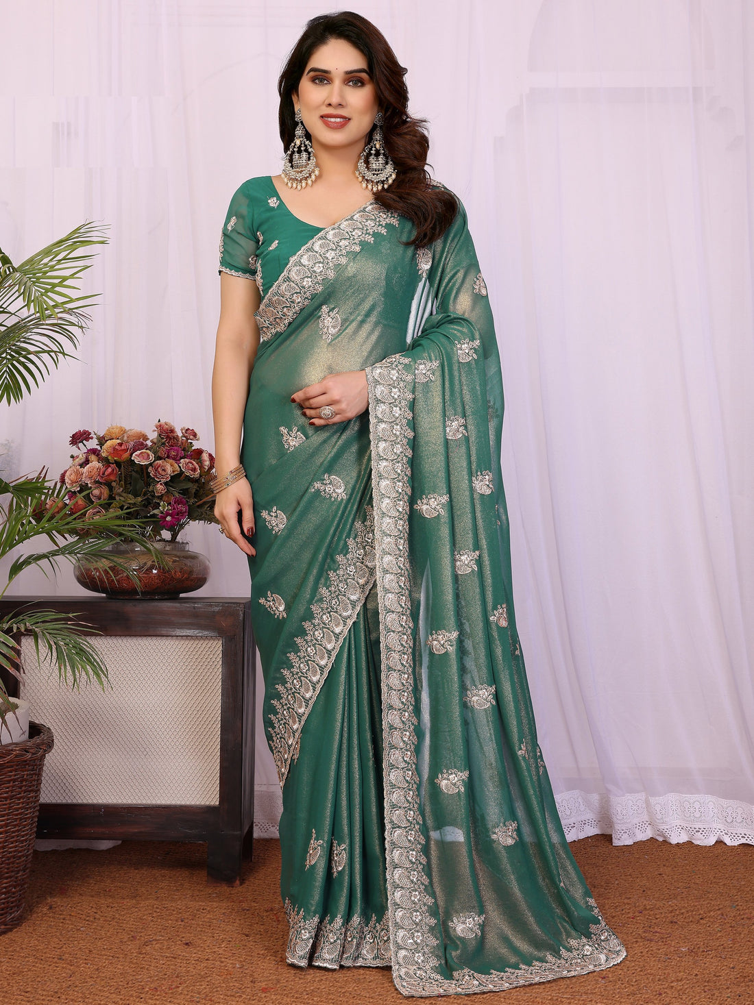 Magnetic Green Stone Work Georgette Mehendi Wear Saree With Blouse