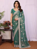 Magnetic Green Stone Work Georgette Mehendi Wear Saree With Blouse