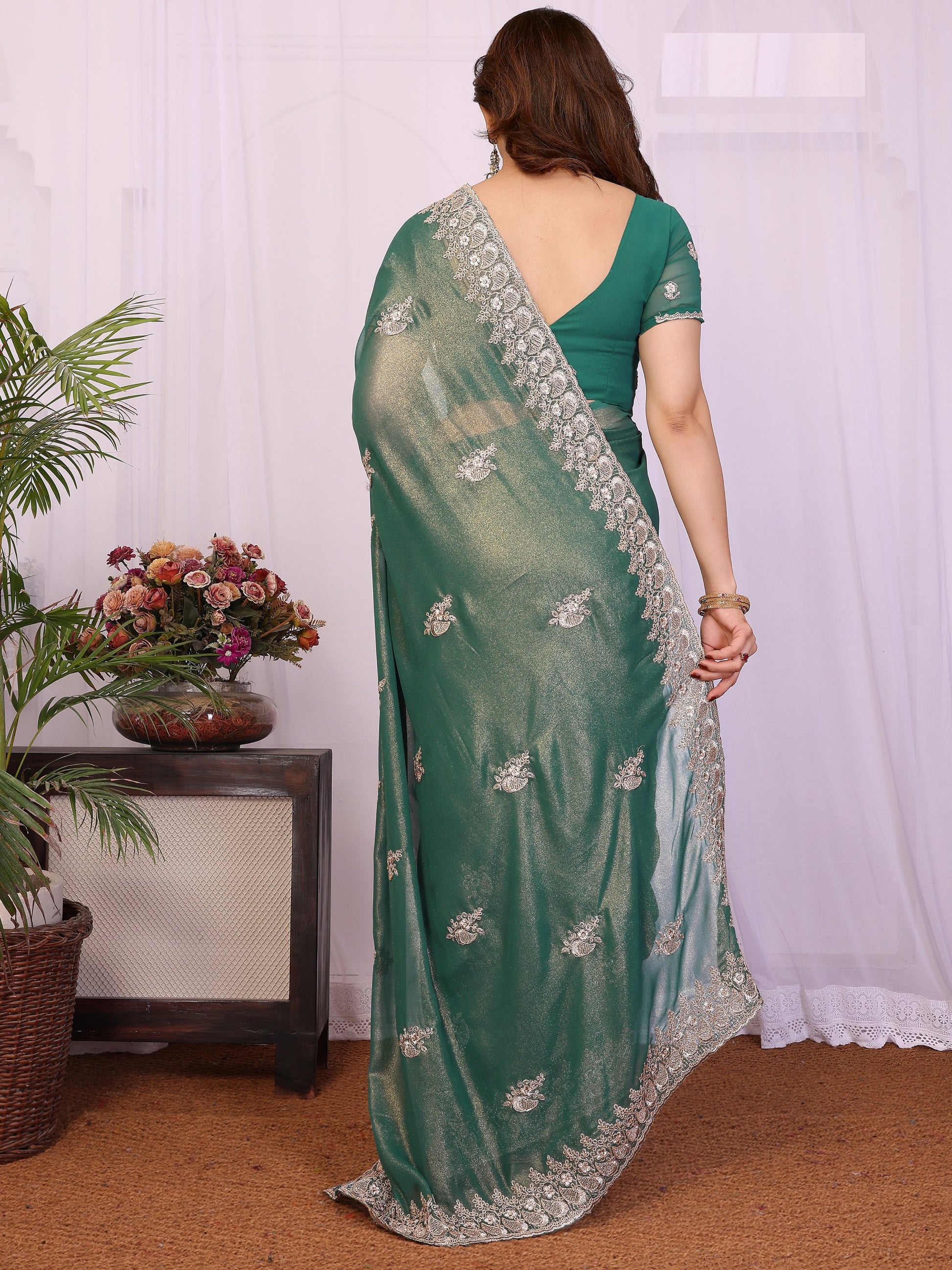 Magnetic Green Stone Work Georgette Mehendi Wear Saree With Blouse