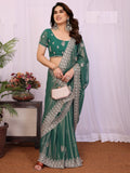 Magnetic Green Stone Work Georgette Mehendi Wear Saree With Blouse