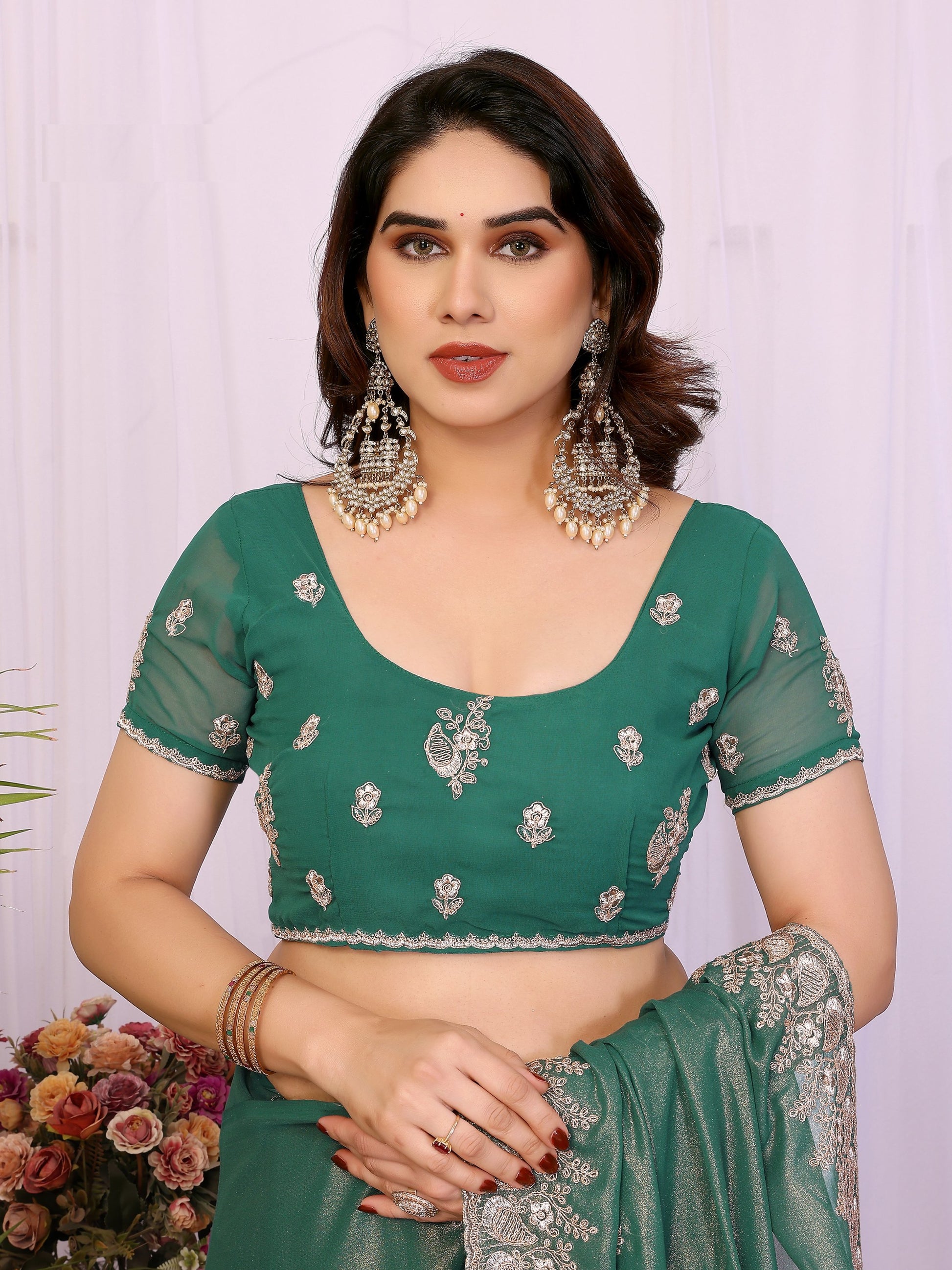 Magnetic Green Stone Work Georgette Mehendi Wear Saree With Blouse