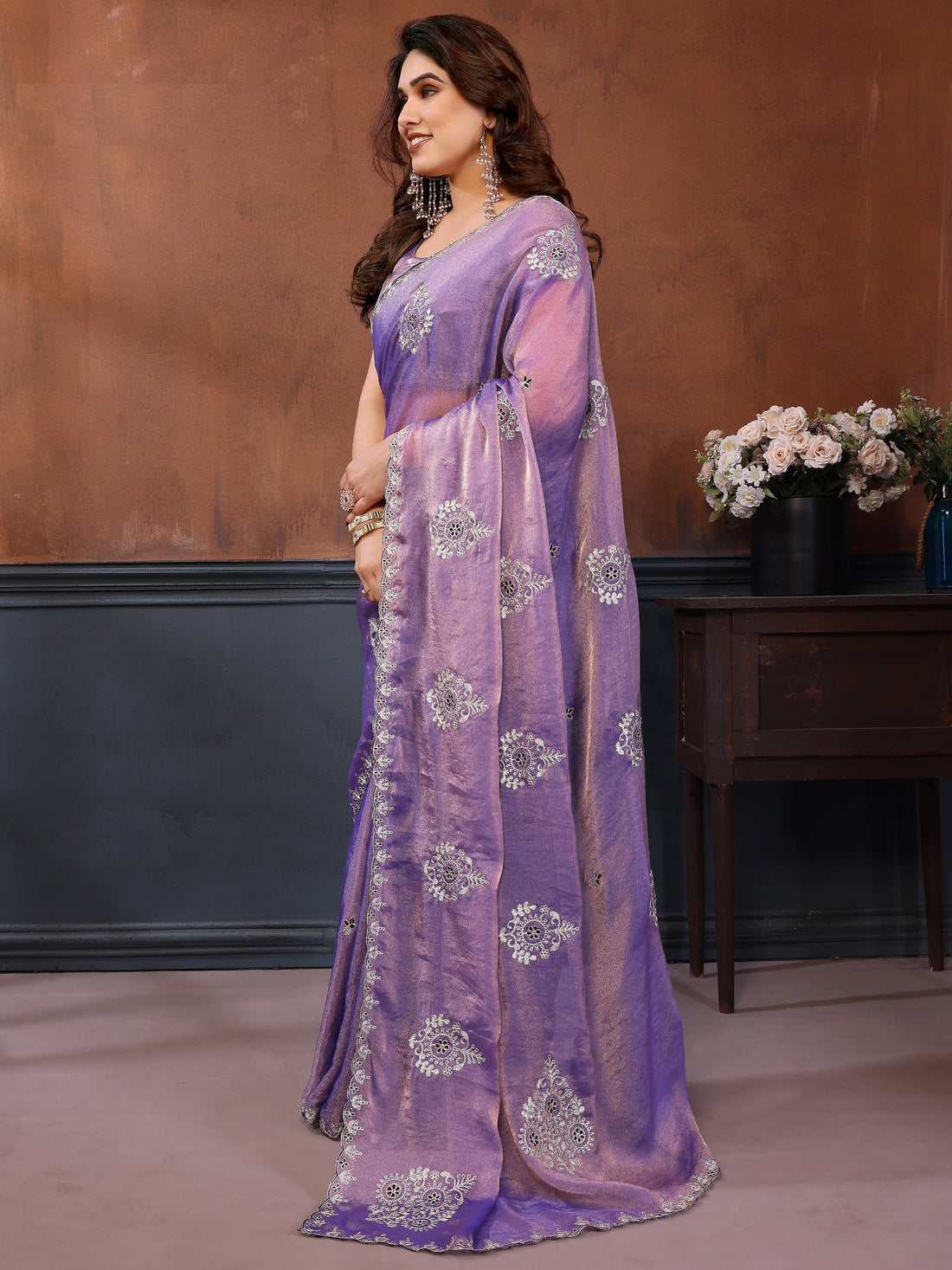 Alluring Purple Embroidered Chiffon Function Wear Saree With Blouse