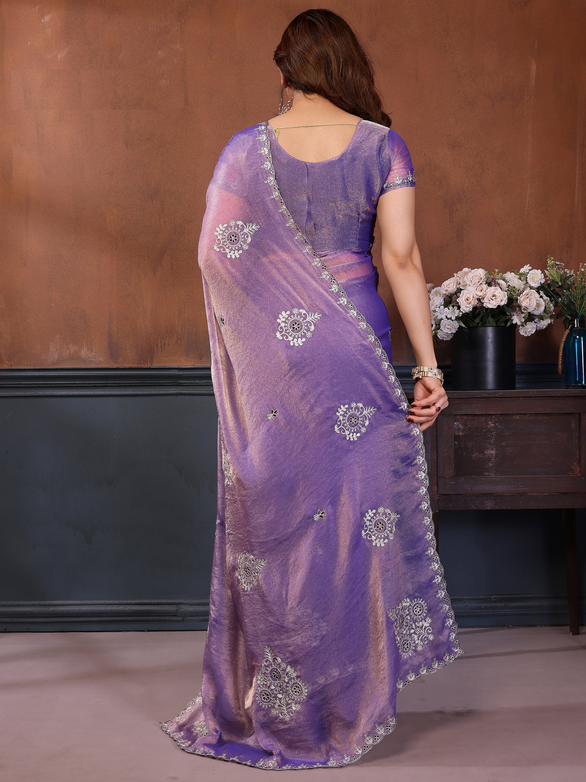 Alluring Purple Embroidered Chiffon Function Wear Saree With Blouse