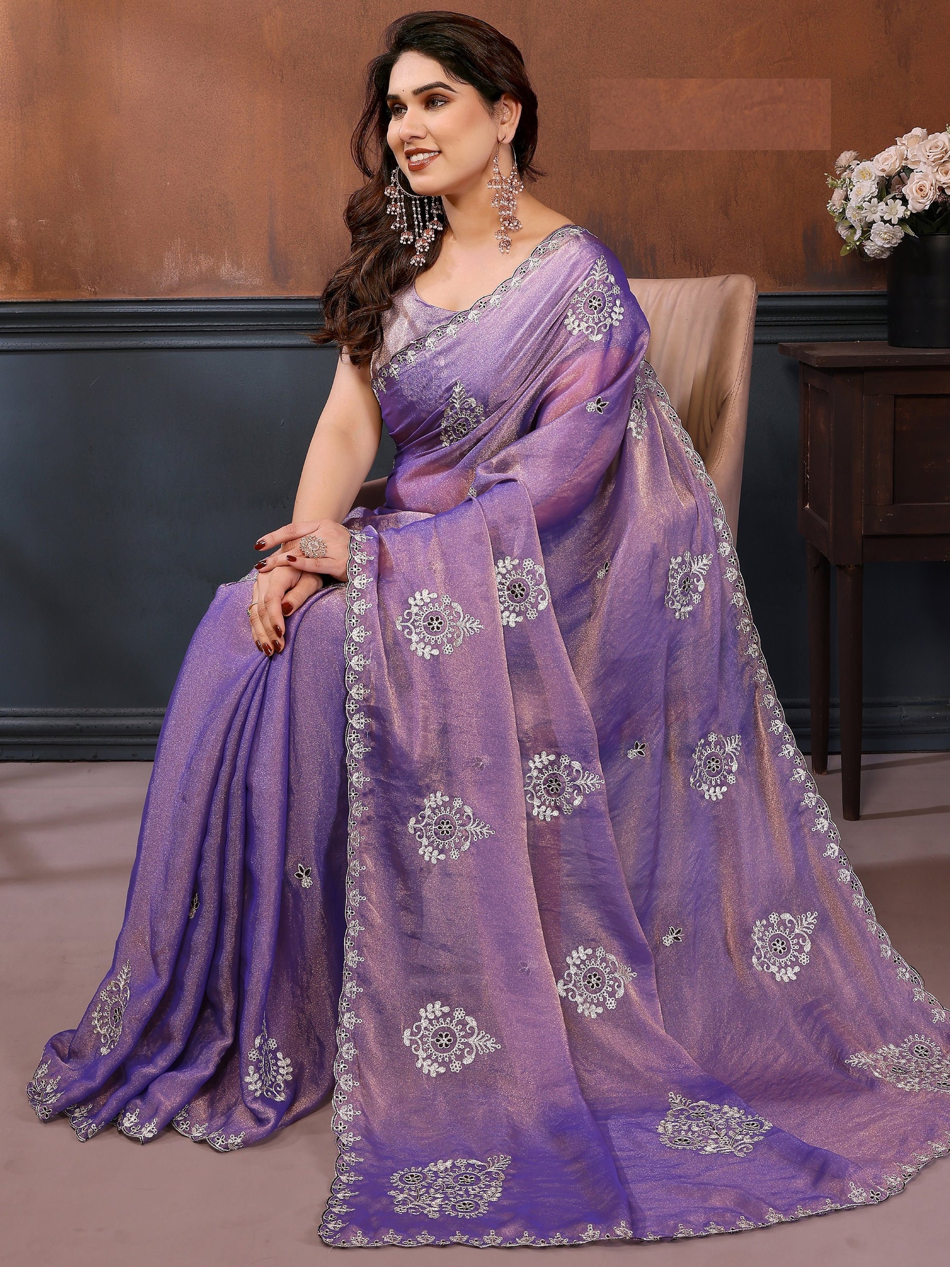 Alluring Purple Embroidered Chiffon Function Wear Saree With Blouse