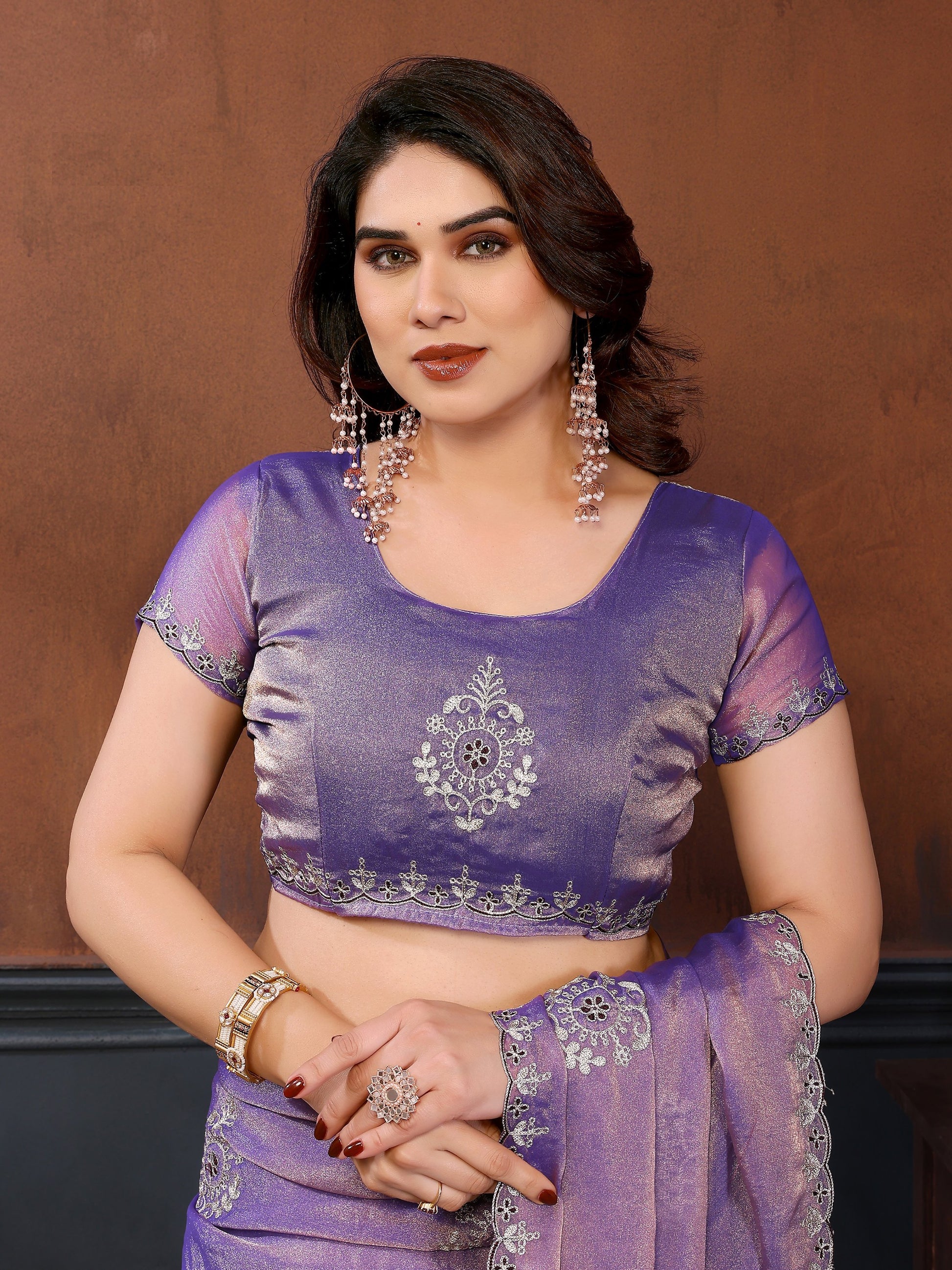 Alluring Purple Embroidered Chiffon Function Wear Saree With Blouse
