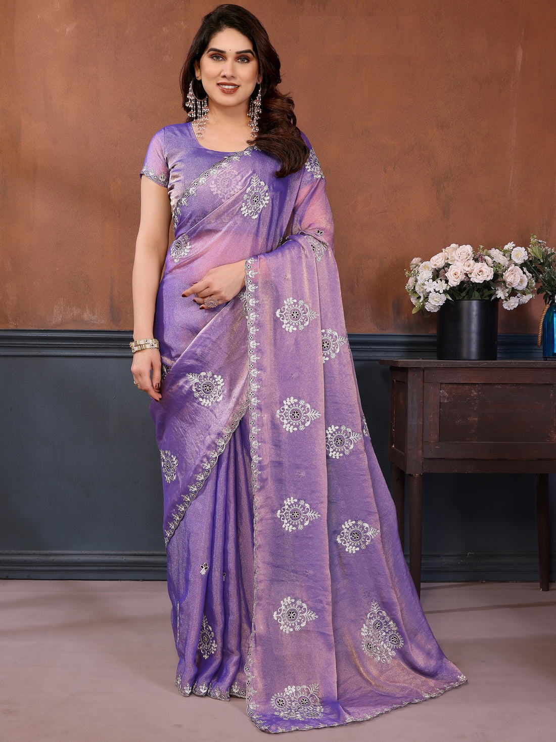 Alluring Purple Embroidered Chiffon Function Wear Saree With Blouse