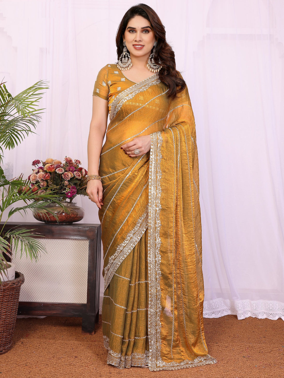 Superb Mustard Yellow Sequins Chiffon Haldi Wear Saree With Blouse