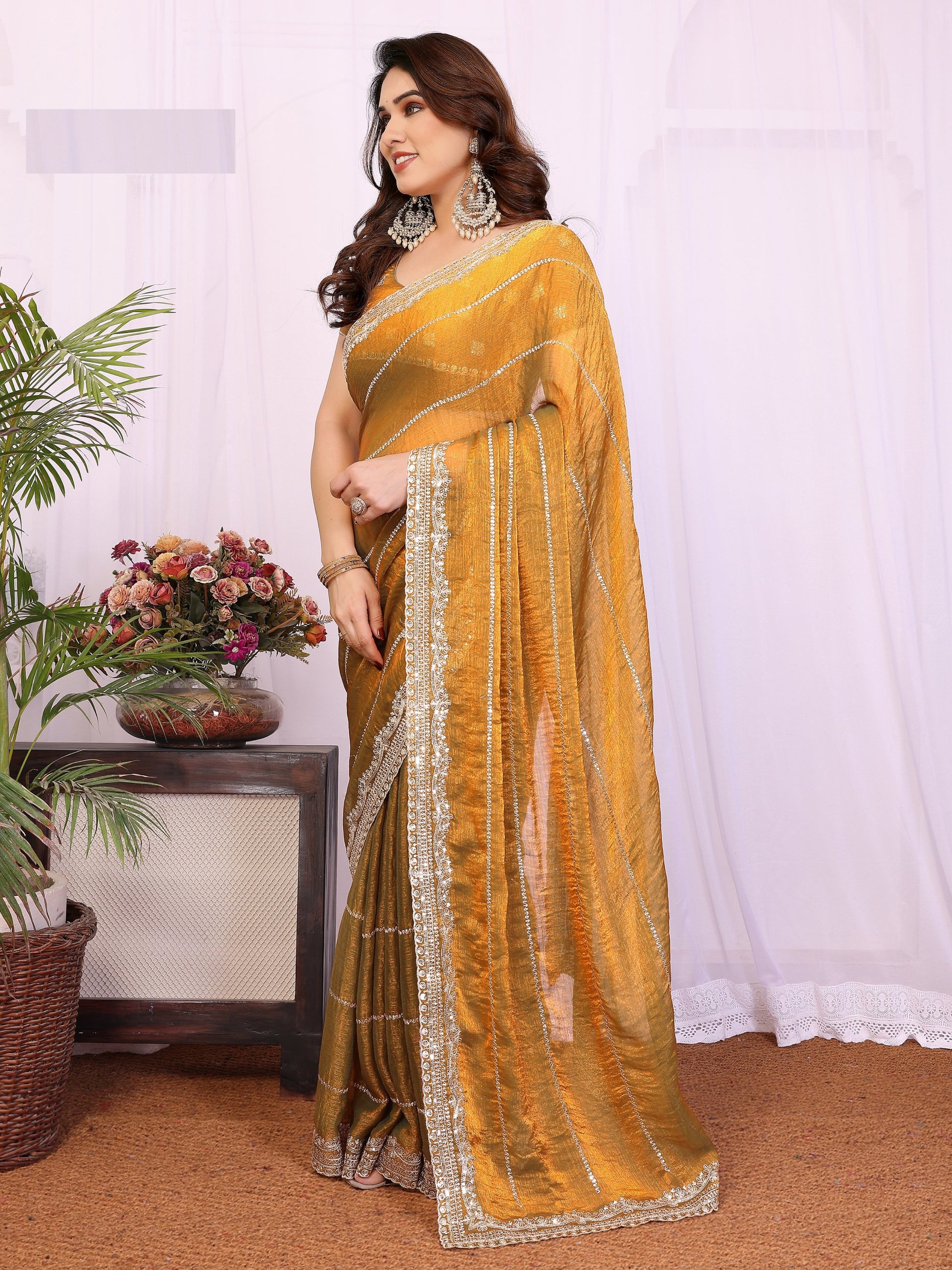 Superb Mustard Yellow Sequins Chiffon Haldi Wear Saree With Blouse