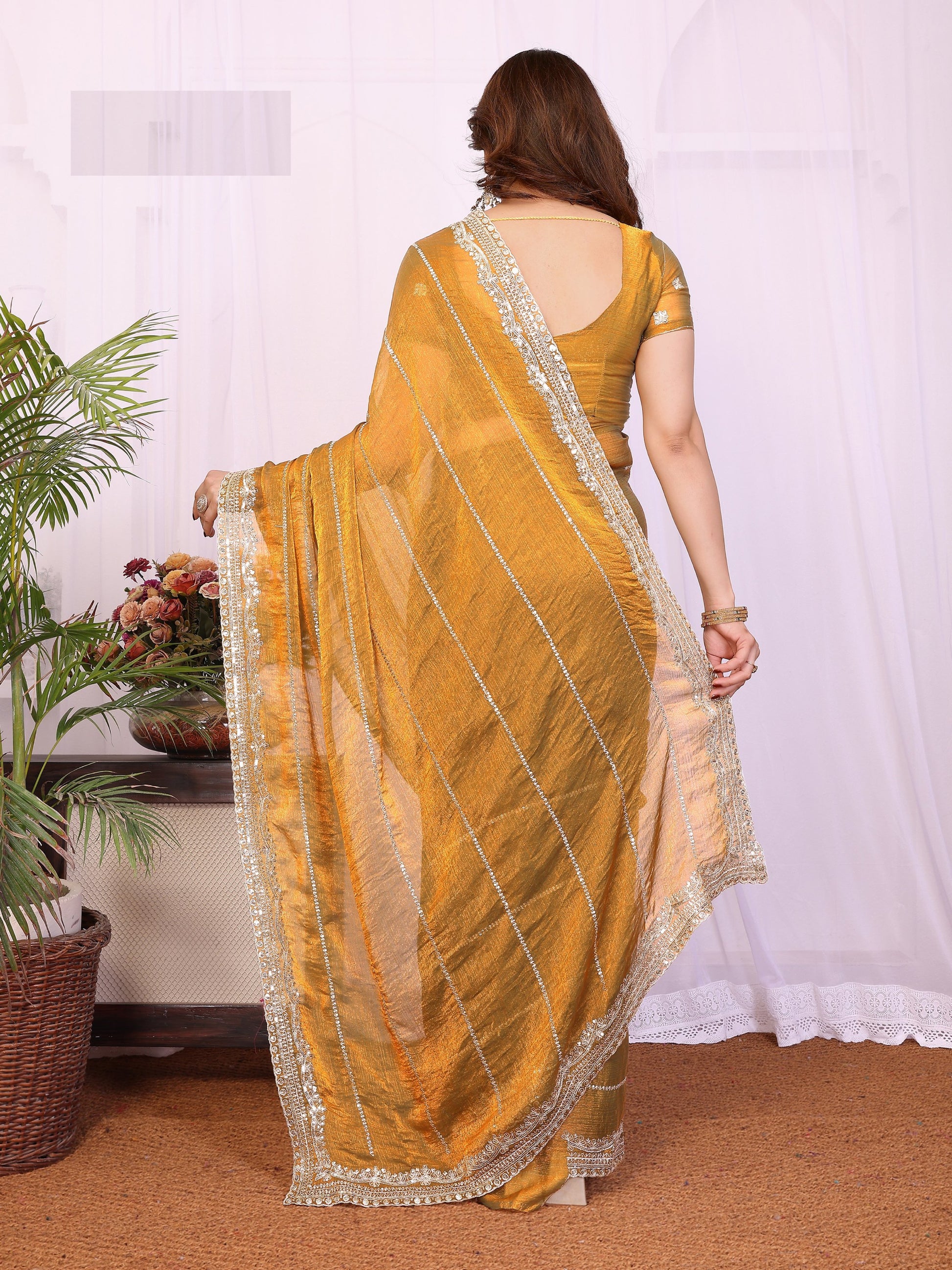 Superb Mustard Yellow Sequins Chiffon Haldi Wear Saree With Blouse