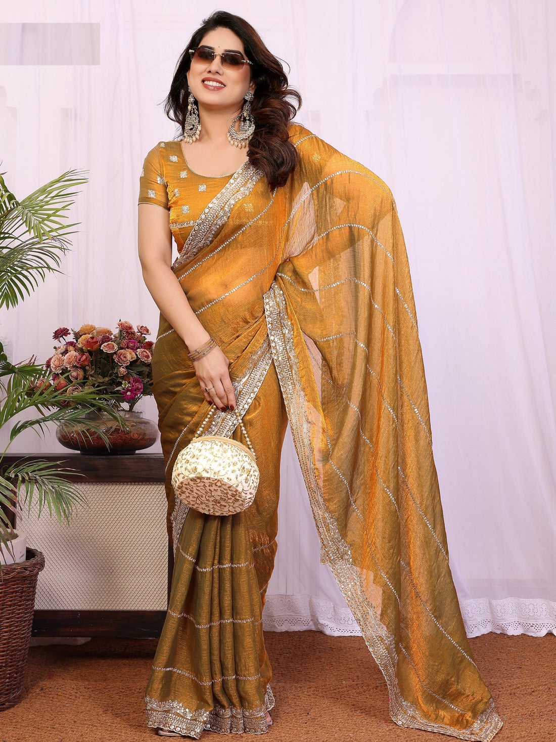 Superb Mustard Yellow Sequins Chiffon Haldi Wear Saree With Blouse