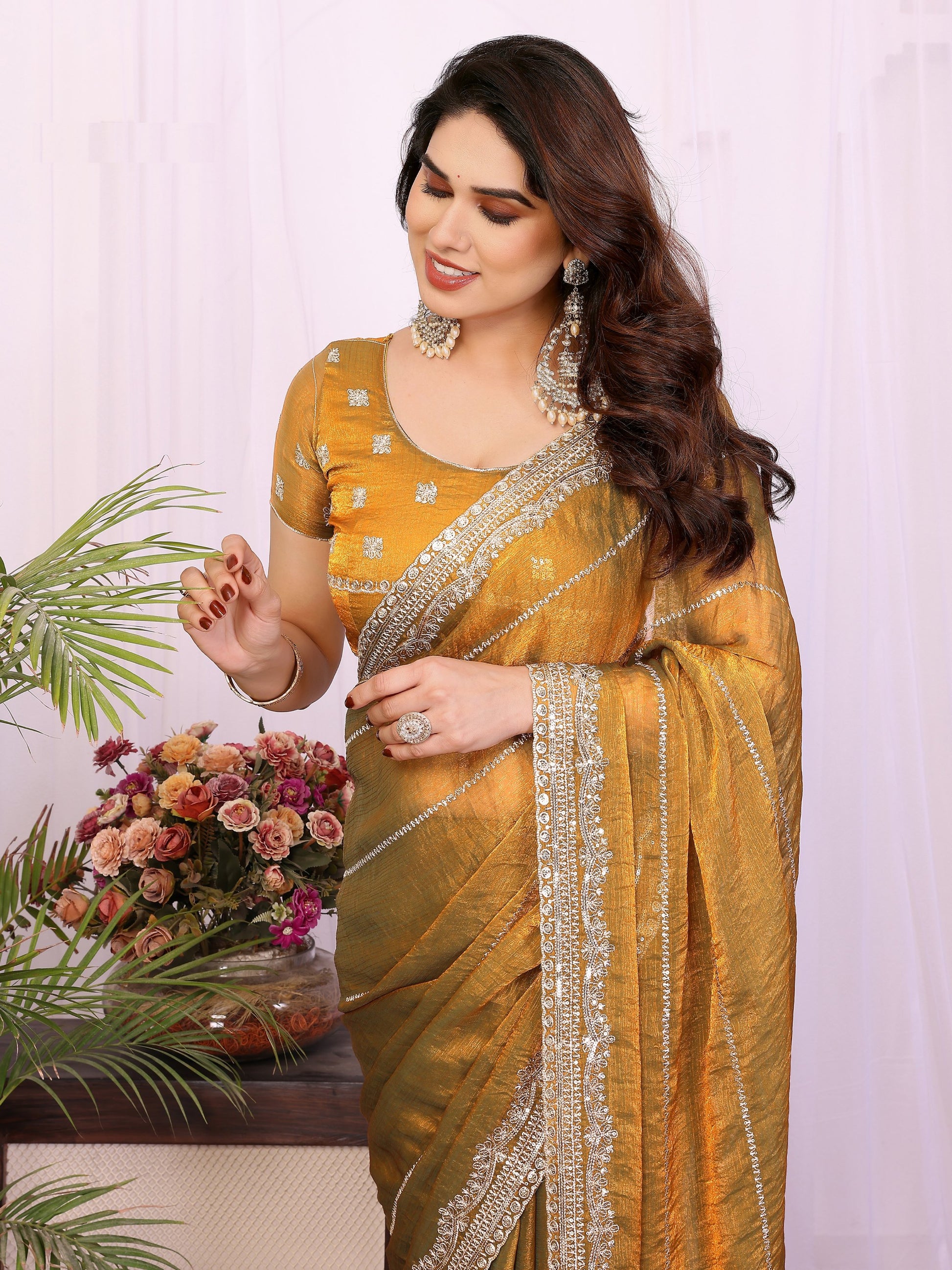 Superb Mustard Yellow Sequins Chiffon Haldi Wear Saree With Blouse