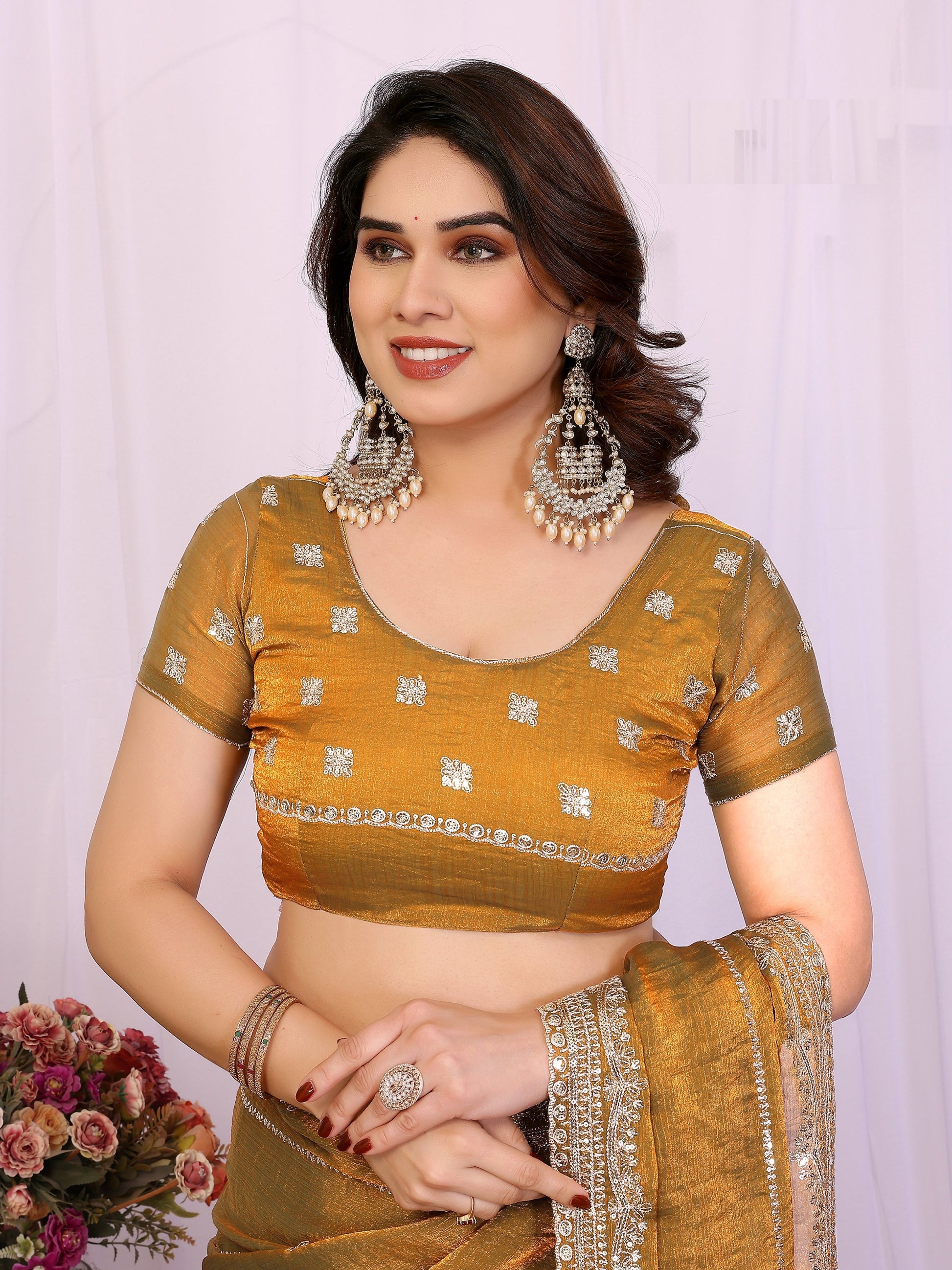 Superb Mustard Yellow Sequins Chiffon Haldi Wear Saree With Blouse