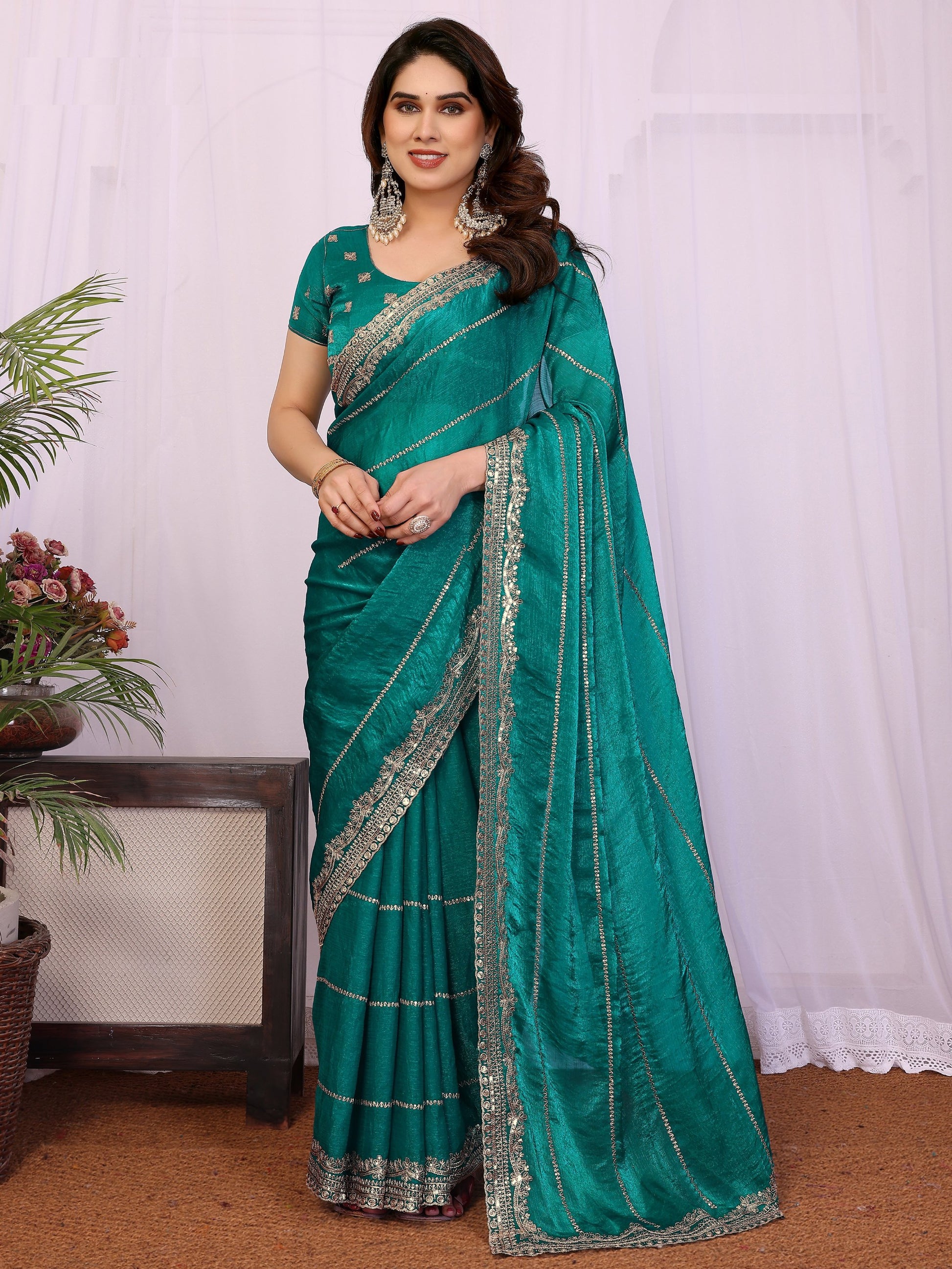 Stunning Teal Green Zari Embroidery Chiffon Event Wear Saree With Blouse