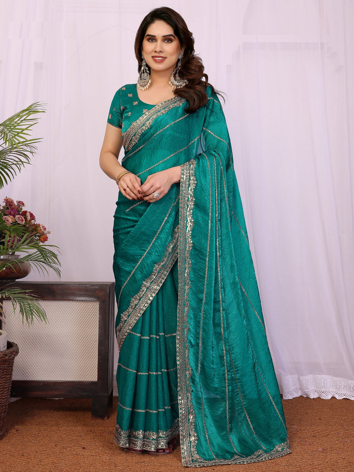 Stunning Teal Green Zari Embroidery Chiffon Event Wear Saree With Blouse